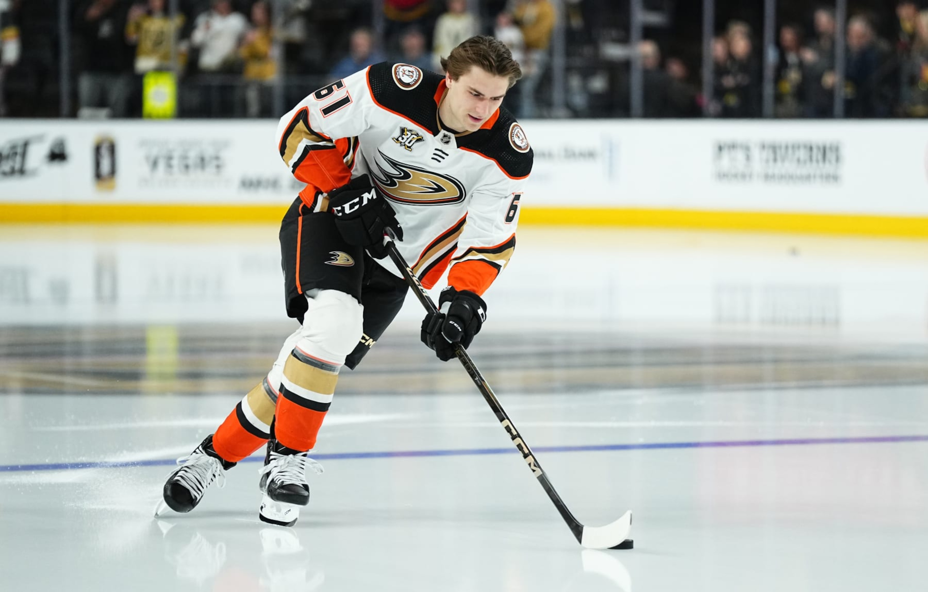 LAS VEGAS, NEVADA - APRIL 18: Cutter Gauthier #61 of the Anaheim Ducks warms up prior to his NHL debut against the Vegas Golden Knights at T-Mobile Arena on April 18, 2024 in Las Vegas, Nevada. (Photo by Jeff Bottari/NHLI via Getty Images) LAS VEGAS, NEVADA - APRIL 18: Cutter Gauthier #61 of the Anaheim Ducks warms up prior to his NHL debut against the Vegas Golden Knights at T-Mobile Arena on April 18, 2024 in Las Vegas, Nevada. (Photo by Jeff Bottari/NHLI via Getty Images)