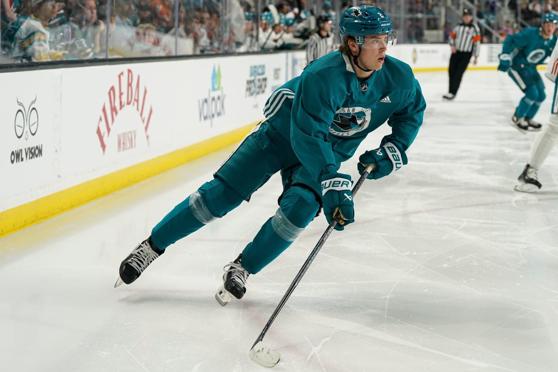 SAN JOSE, CA - JULY 4: Will Smith #2 of the San Jose Sharks skates during the San Jose Sharks Prospect Scrimmage at Tech CU Arena on July 4, 2024 in San Jose, California. (Photo by Kavin Mistry/NHLI via Getty Images)