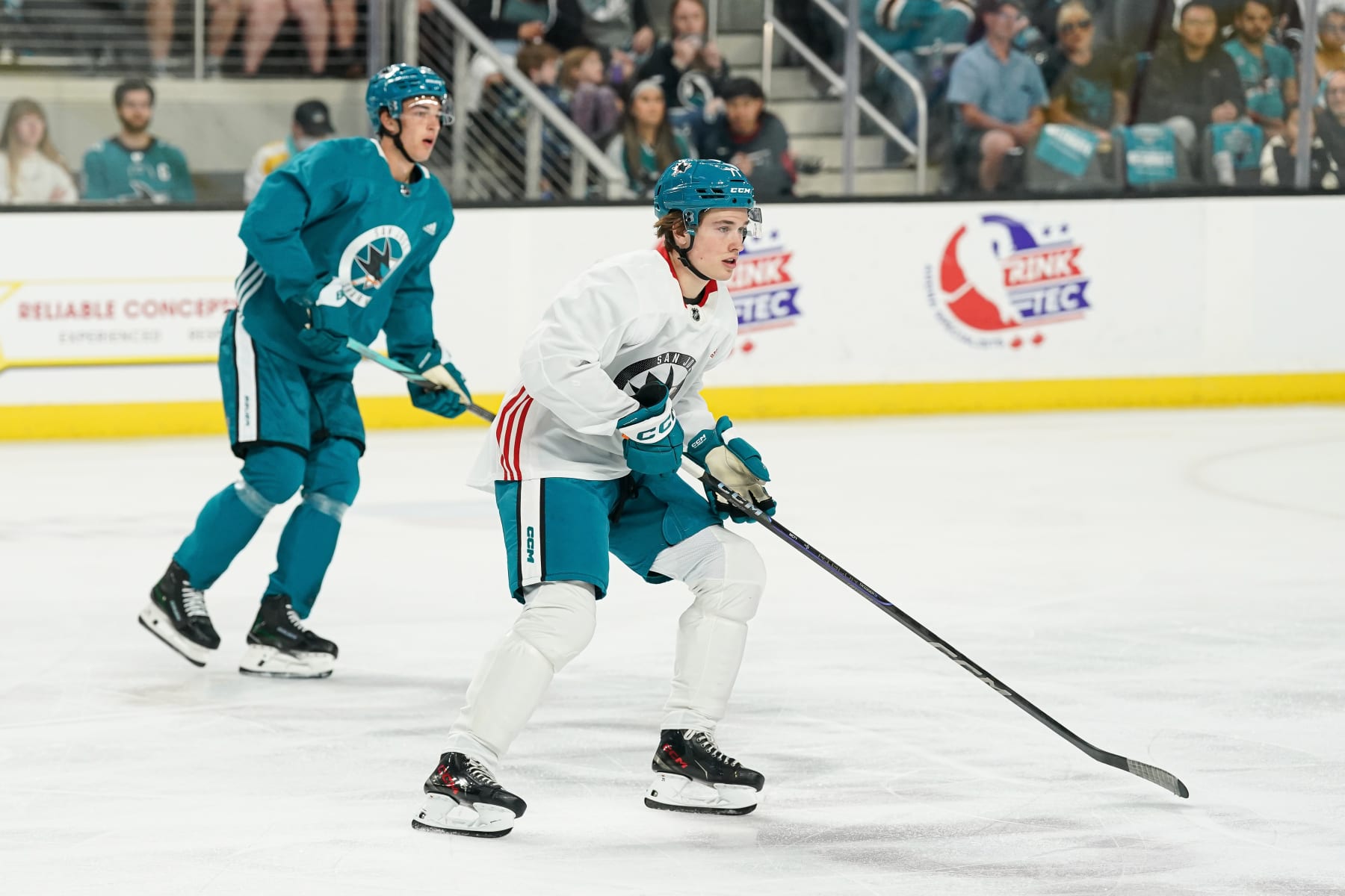 SAN JOSE, CA - JULY 4: Macklin Celebrini #71 of the San Jose Sharks skates during the San Jose Sharks Prospect Scrimmage at Tech CU Arena on July 4, 2024 in San Jose, California. (Photo by Kavin Mistry/NHLI via Getty Images)