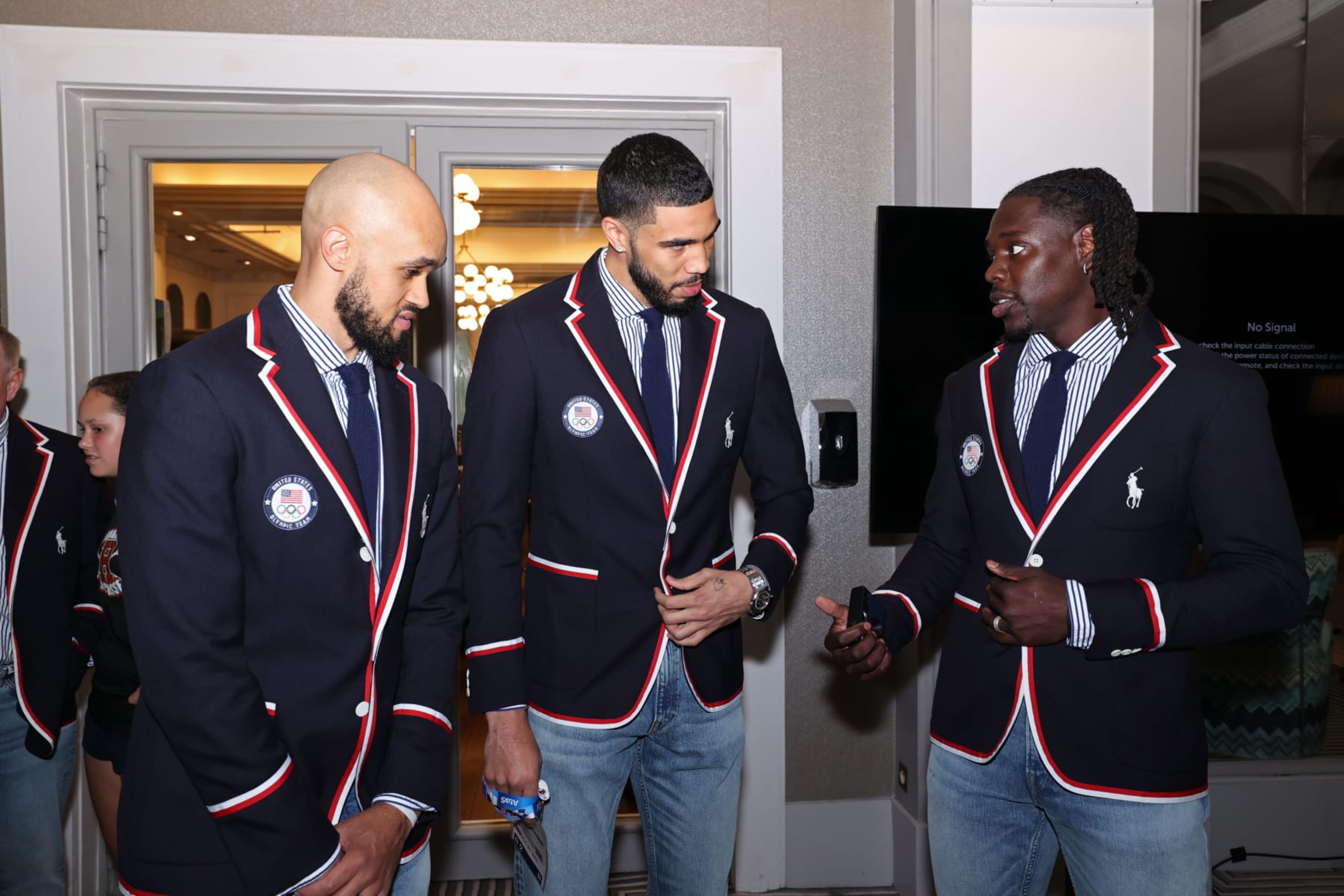 PARIS, FRANCE - JULY 26: Derrick White #8, Jayson Tatum #10, and Jrue Holiday #12 of Team USA talk while leaving the hotel for Opening Ceremonies on July 26, 2024 in Paris, France. NOTE TO USER: User expressly acknowledges and agrees that, by downloading and/or using this photograph, user is consenting to the terms and conditions of the Getty Images License Agreement. Mandatory Copyright Notice: Copyright 2024 NBAE (Photo by Brian Choi/NBAE via Getty Images) PARIS, FRANCE - JULY 26: Derrick White #8, Jayson Tatum #10, and Jrue Holiday #12 of Team USA talk while leaving the hotel for Opening Ceremonies on July 26, 2024 in Paris, France. NOTE TO USER: User expressly acknowledges and agrees that, by downloading and/or using this photograph, user is consenting to the terms and conditions of the Getty Images License Agreement. Mandatory Copyright Notice: Copyright 2024 NBAE (Photo by Brian Choi/NBAE via Getty Images)