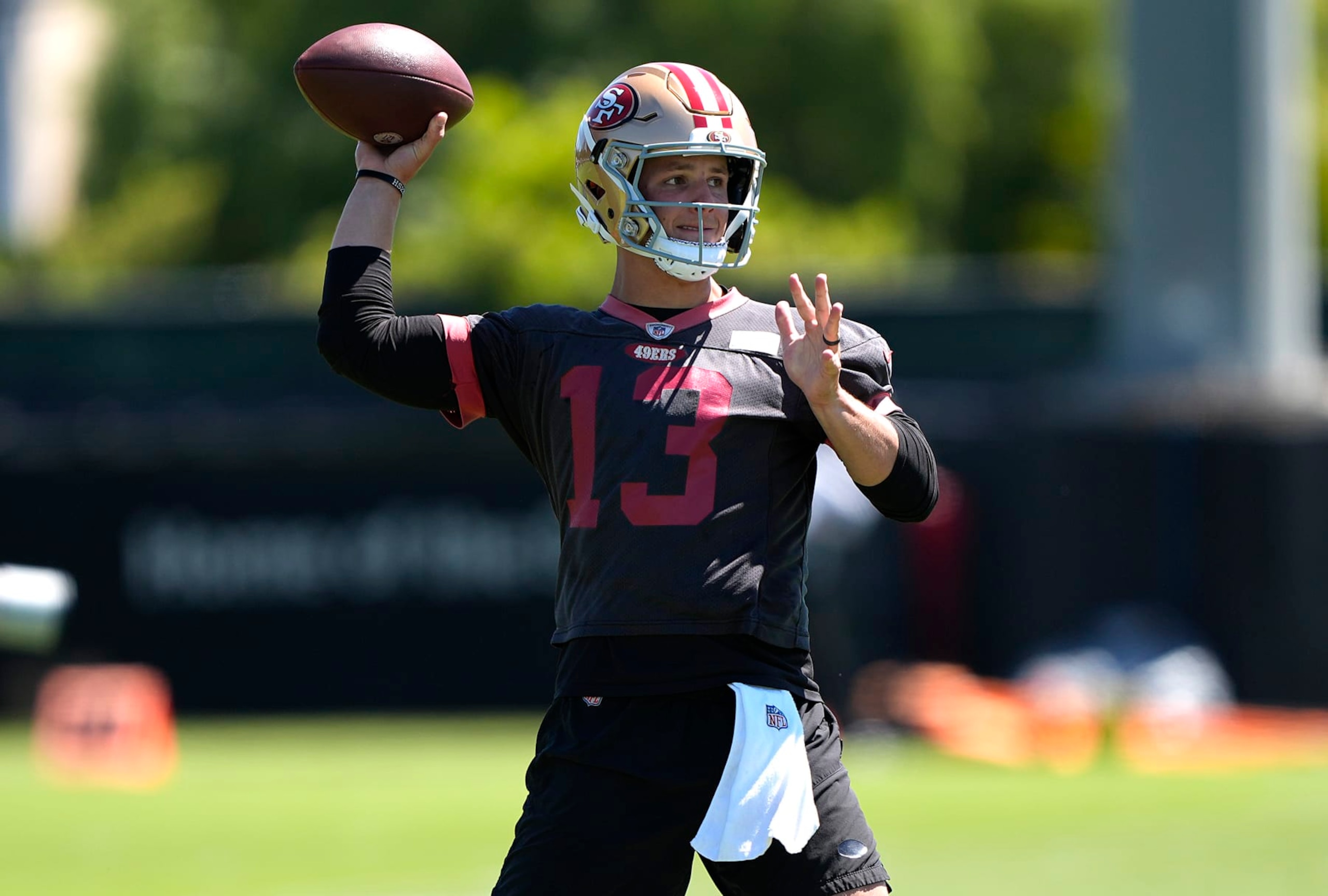 SANTA CLARA, CALIFORNIA - JUNE 05: Brock Purdy #13 of the San Francisco 49ers works out during mini camp on June 05, 2024 in Santa Clara, California. (Photo by Thearon W. Henderson/Getty Images)
