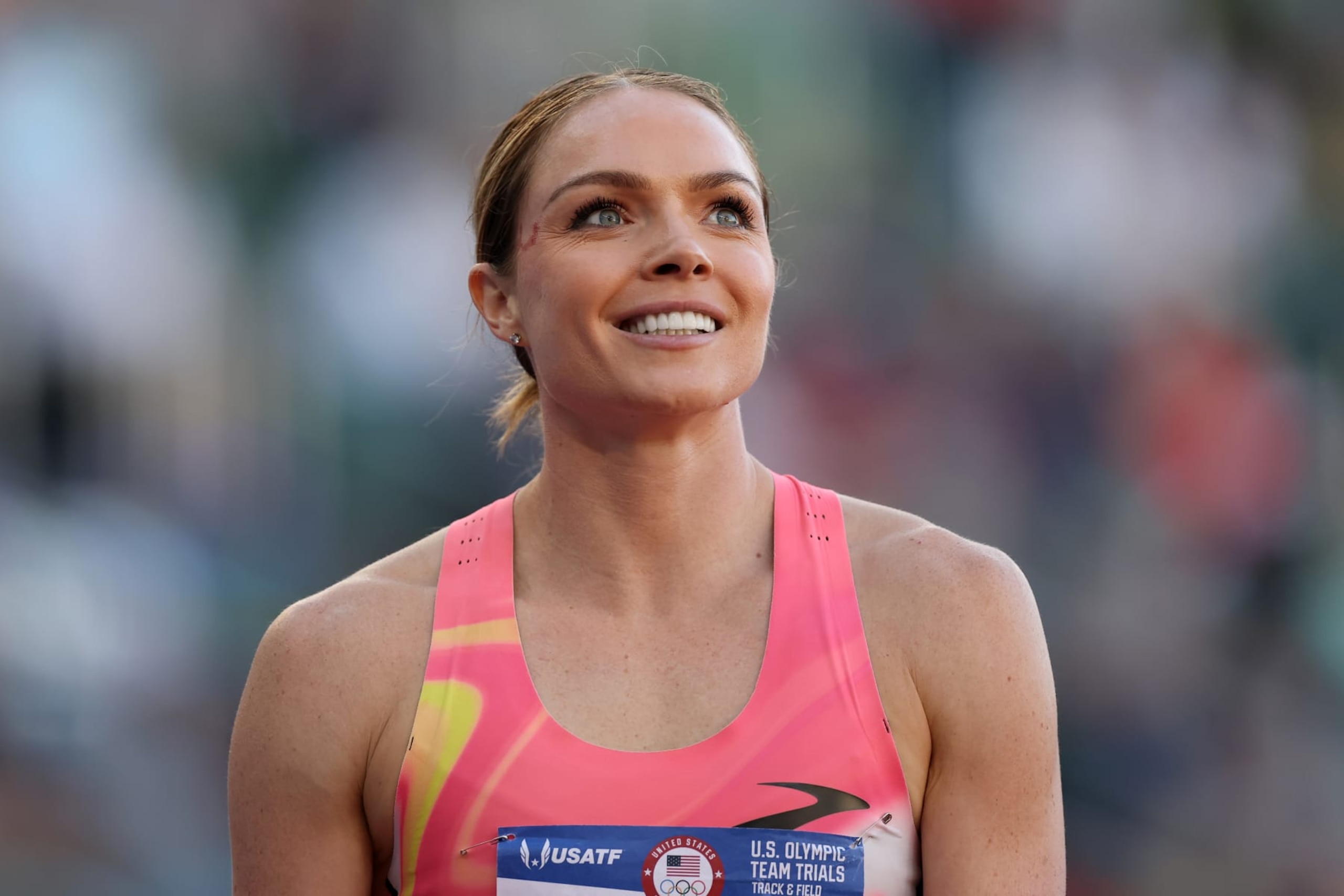 EUGENE, OREGON - JUNE 23: Chari Hawkins reacts after competing in the women's heptathlon 200 meters on Day Three 2024 U.S. Olympic Team Trials Track & Field at Hayward Field on June 23, 2024 in Eugene, Oregon. (Photo by Patrick Smith/Getty Images)
