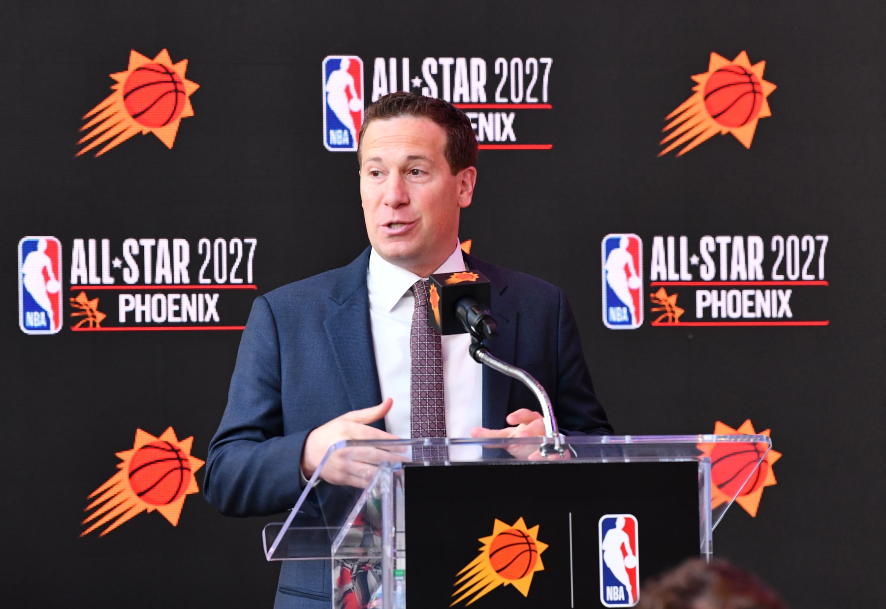 PHOENIX, AZ - MARCH 7: Mat Ishbia speaks during a press conference announcing Phoenix as the host of the NBA All-Star 2027 on March 7, 2024 at Footprint Center in Phoenix, Arizona. NOTE TO USER: User expressly acknowledges and agrees that, by downloading and or using this photograph, user is consenting to the terms and conditions of the Getty Images License Agreement. Mandatory Copyright Notice: Copyright 2024 NBAE (Photo by Barry Gossage/NBAE via Getty Images)
