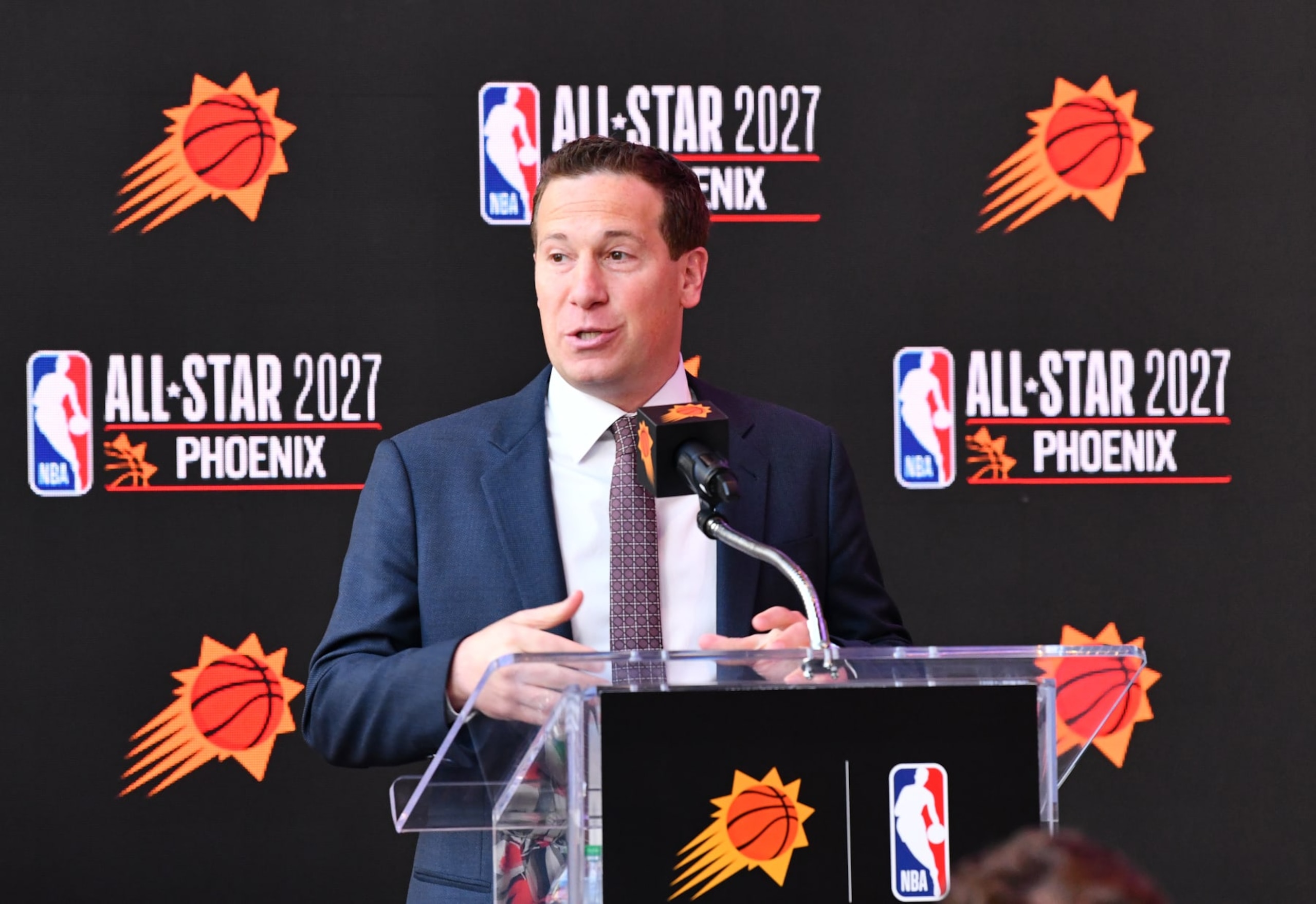 PHOENIX, AZ - MARCH 7: Mat Ishbia speaks during a press conference announcing Phoenix as the host of the NBA All-Star 2027 on March 7, 2024 at Footprint Center in Phoenix, Arizona. NOTE TO USER: User expressly acknowledges and agrees that, by downloading and or using this photograph, user is consenting to the terms and conditions of the Getty Images License Agreement. Mandatory Copyright Notice: Copyright 2024 NBAE (Photo by Barry Gossage/NBAE via Getty Images)