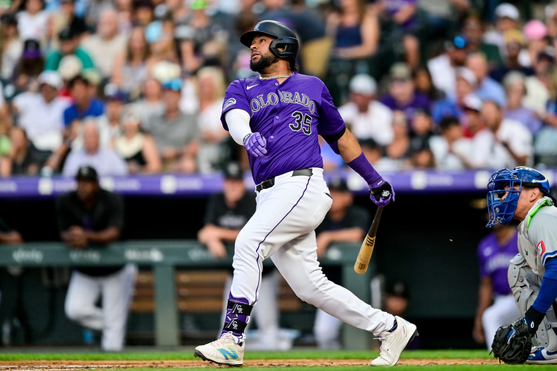 DENVER, CO - JULY 5: Colorado Rockies catcher Elias Diaz (35) hits a sixth inning RBI single during a game between the Kansas City Royals and the Colorado Rockies at Coors Field on July 5, 2024 in Denver, Colorado. (Photo by Dustin Bradford/Icon Sportswire via Getty Images)