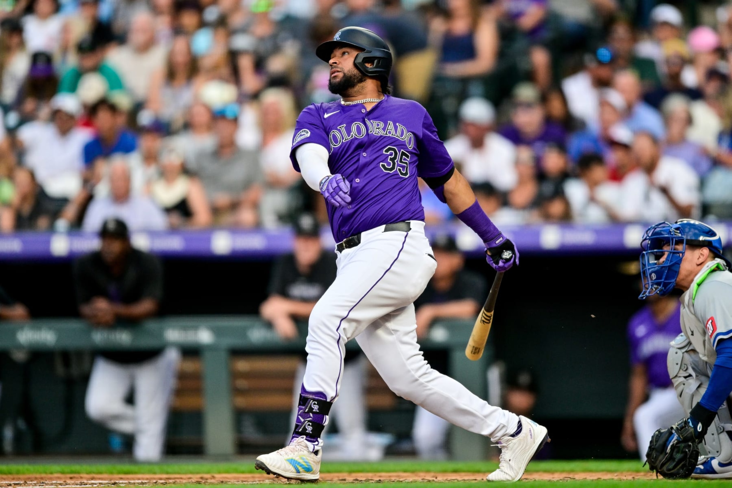 DENVER, CO - JULY 5: Colorado Rockies catcher Elias Diaz (35) hits a sixth inning RBI single during a game between the Kansas City Royals and the Colorado Rockies at Coors Field on July 5, 2024 in Denver, Colorado. (Photo by Dustin Bradford/Icon Sportswire via Getty Images)
