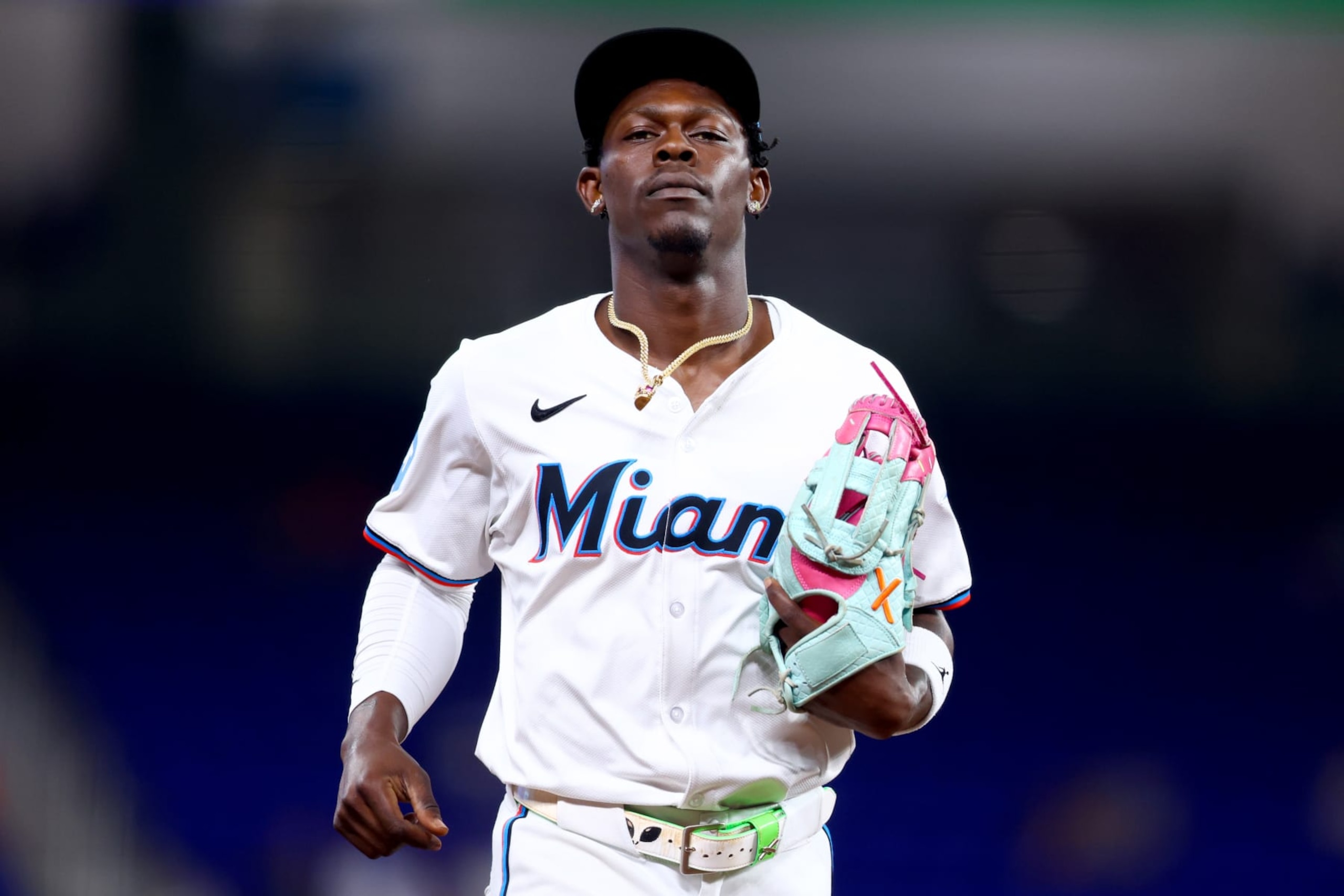 MIAMI, FLORIDA - JULY 23: Jazz Chisholm Jr. #2 of the Miami Marlins looks on against the Baltimore Orioles during the first inning of the game at loanDepot park on July 23, 2024 in Miami, Florida. (Photo by Megan Briggs/Getty Images)