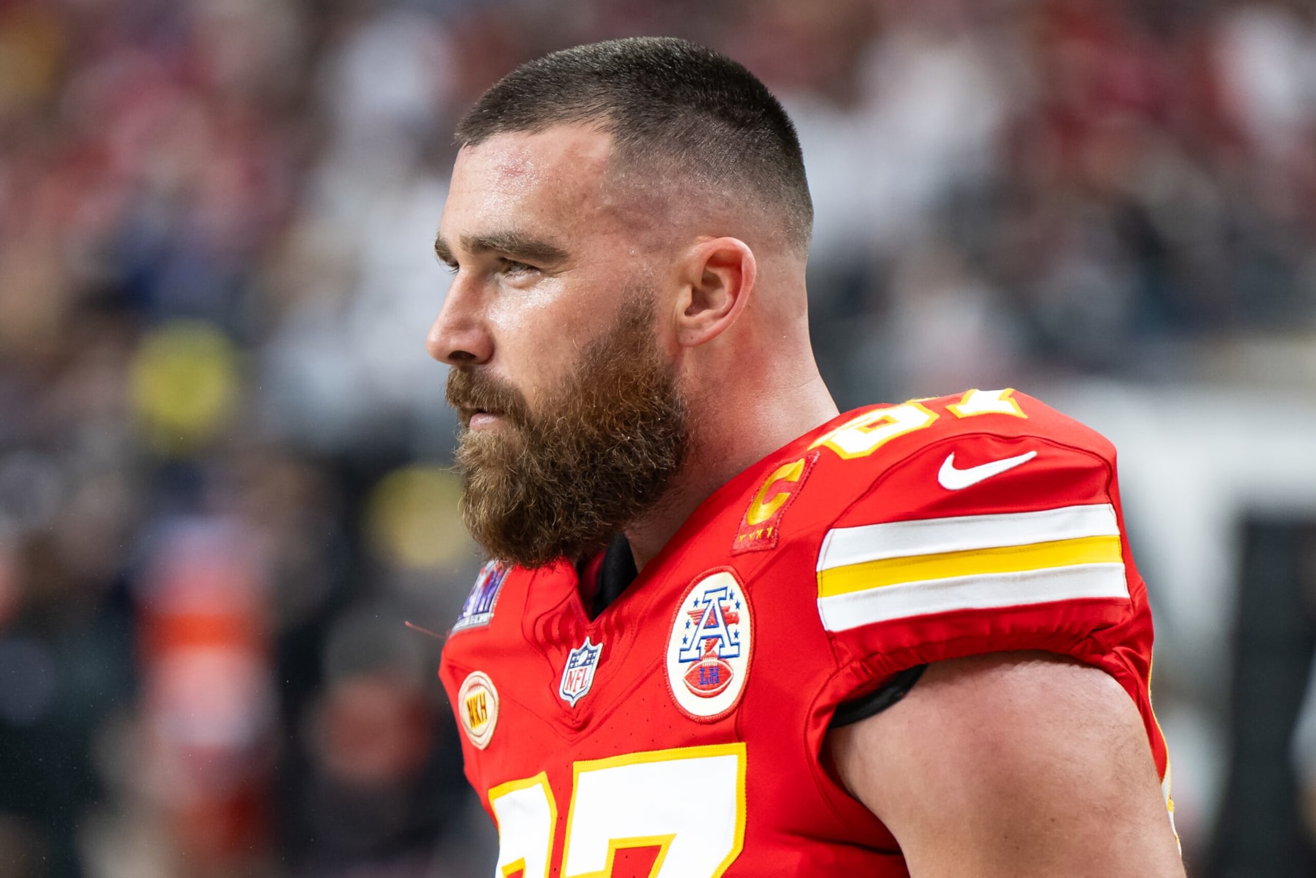 LAS VEGAS, NEVADA - FEBRUARY 11: Travis Kelce #87 of the Kansas City Chiefs looks on pregame before Super Bowl LVIII against the San Francisco 49ers at Allegiant Stadium on February 11, 2024 in Las Vegas, Nevada. (Photo by Luke Hales/Getty Images) LAS VEGAS, NEVADA - FEBRUARY 11: Travis Kelce #87 of the Kansas City Chiefs looks on pregame before Super Bowl LVIII against the San Francisco 49ers at Allegiant Stadium on February 11, 2024 in Las Vegas, Nevada. (Photo by Luke Hales/Getty Images)