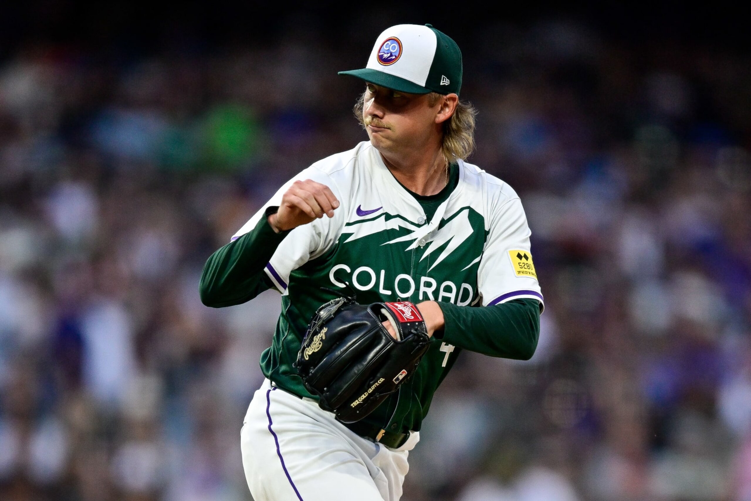 DENVER, COLORADO - JULY 20: Nick Mears #46 of the Colorado Rockies pitches against the San Francisco Giants in the seventh inning at Coors Field on July 20, 2024 in Denver, Colorado. (Photo by Dustin Bradford/Getty Images)