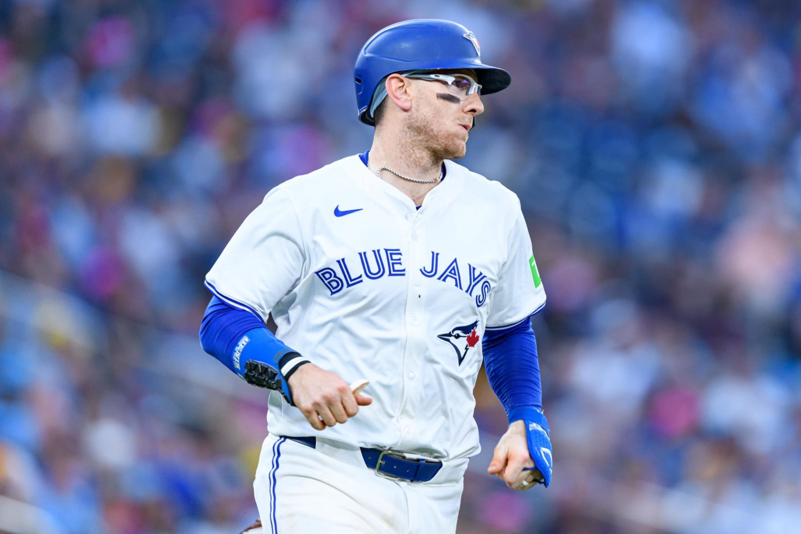 TORONTO, ON - JULY 26: Toronto Blue Jays Catcher Danny Jansen (9) reacts during the MLB baseball regular season game between the Texas Rangers  and the Toronto Blue Jays on July 26, 2024, at Rogers Centre in Toronto, ON, Canada. (Photo by Julian Avram/Icon Sportswire via Getty Images)