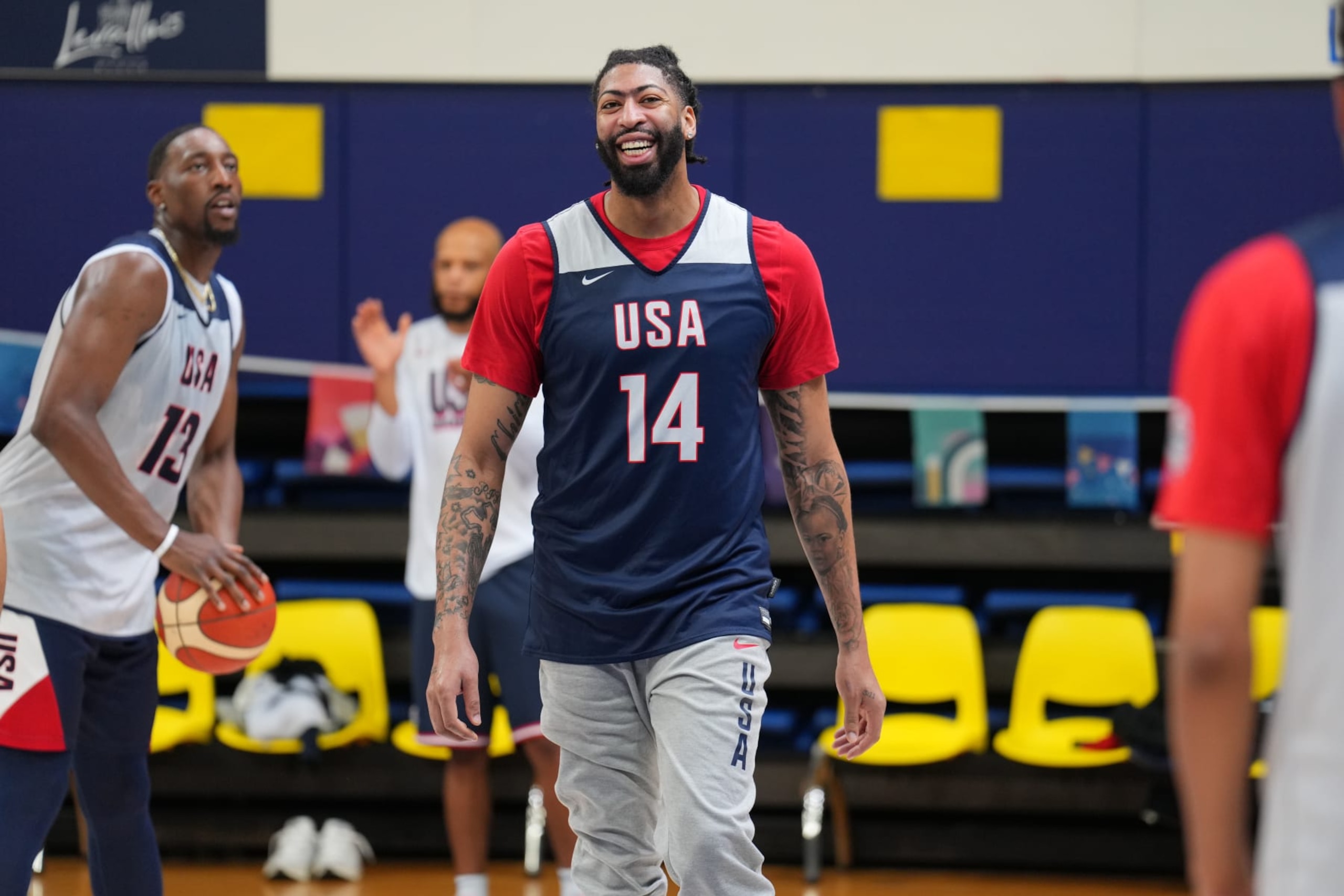 PARIS, FRANCE - JULY 27: Anthony Davis #14 of the USA Men's National Team smiles during the USA Men's National Team practice at Palais des Sports Marcel-Cerdan on July 27, 2024 in Paris, France. NOTE TO USER: User expressly acknowledges and agrees that, by downloading and/or using this photograph, user is consenting to the terms and conditions of the Getty Images License Agreement. Mandatory Copyright Notice: Copyright 2024 NBAE (Photo by Jesse D. GarrabrantNBAE via Getty Images) PARIS, FRANCE - JULY 27: Anthony Davis #14 of the USA Men's National Team smiles during the USA Men's National Team practice at Palais des Sports Marcel-Cerdan on July 27, 2024 in Paris, France. NOTE TO USER: User expressly acknowledges and agrees that, by downloading and/or using this photograph, user is consenting to the terms and conditions of the Getty Images License Agreement. Mandatory Copyright Notice: Copyright 2024 NBAE (Photo by Jesse D. GarrabrantNBAE via Getty Images)