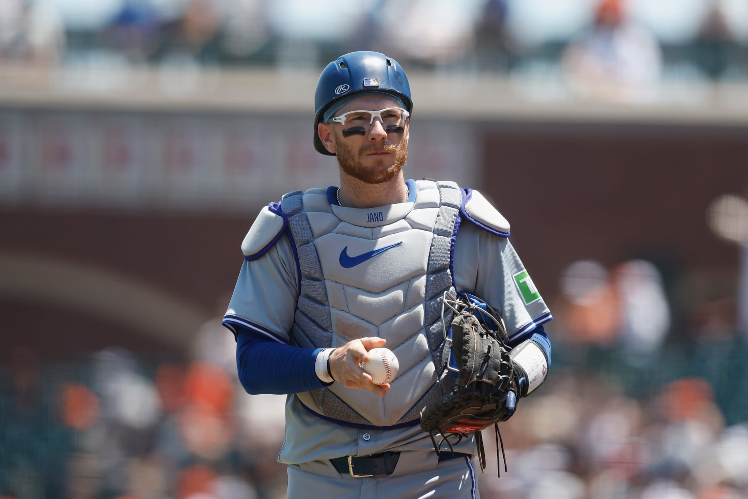 SAN FRANCISCO, CALIFORNIA - JULY 11: Catcher Danny Jansen #9 of the Toronto Blue Jays looks on during the game against the San Francisco Giants at Oracle Park on July 11, 2024 in San Francisco, California. (Photo by Lachlan Cunningham/Getty Images)