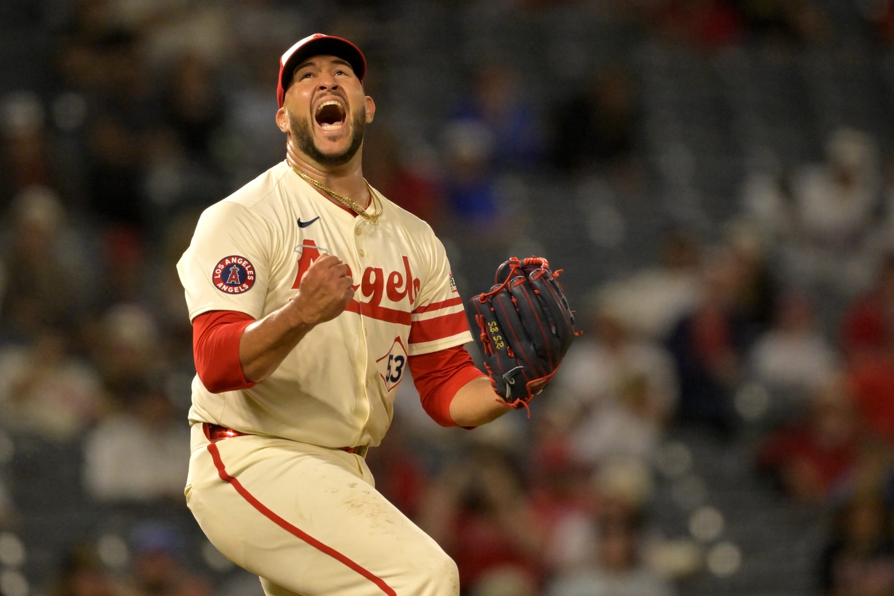 ANAHEIM, CALIFORNIA - JULY 12:  Carlos Estevez #53 of the Los Angeles Angels reacts after striking out Josh Rojas #4 of the Seattle Mariners for the final out of the eighth inning at Angel Stadium of Anaheim on July 12, 2024 in Anaheim, California. (Photo by Jayne Kamin-Oncea/Getty Images)