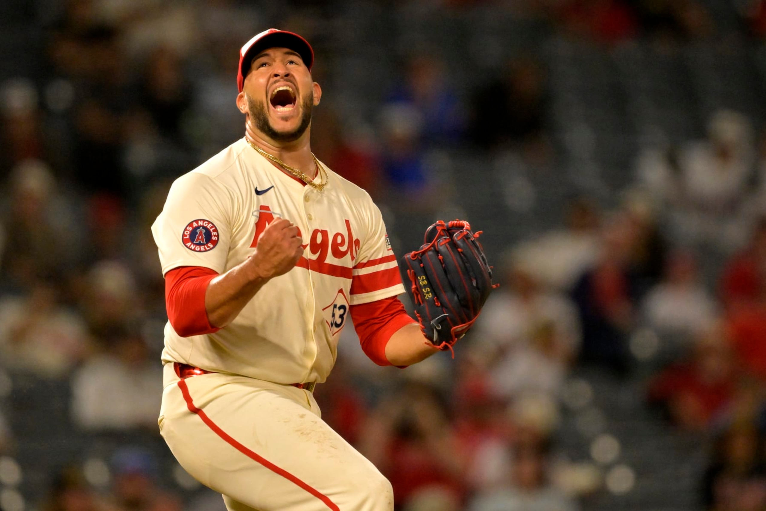 ANAHEIM, CALIFORNIA - JULY 12:  Carlos Estevez #53 of the Los Angeles Angels reacts after striking out Josh Rojas #4 of the Seattle Mariners for the final out of the eighth inning at Angel Stadium of Anaheim on July 12, 2024 in Anaheim, California. (Photo by Jayne Kamin-Oncea/Getty Images)