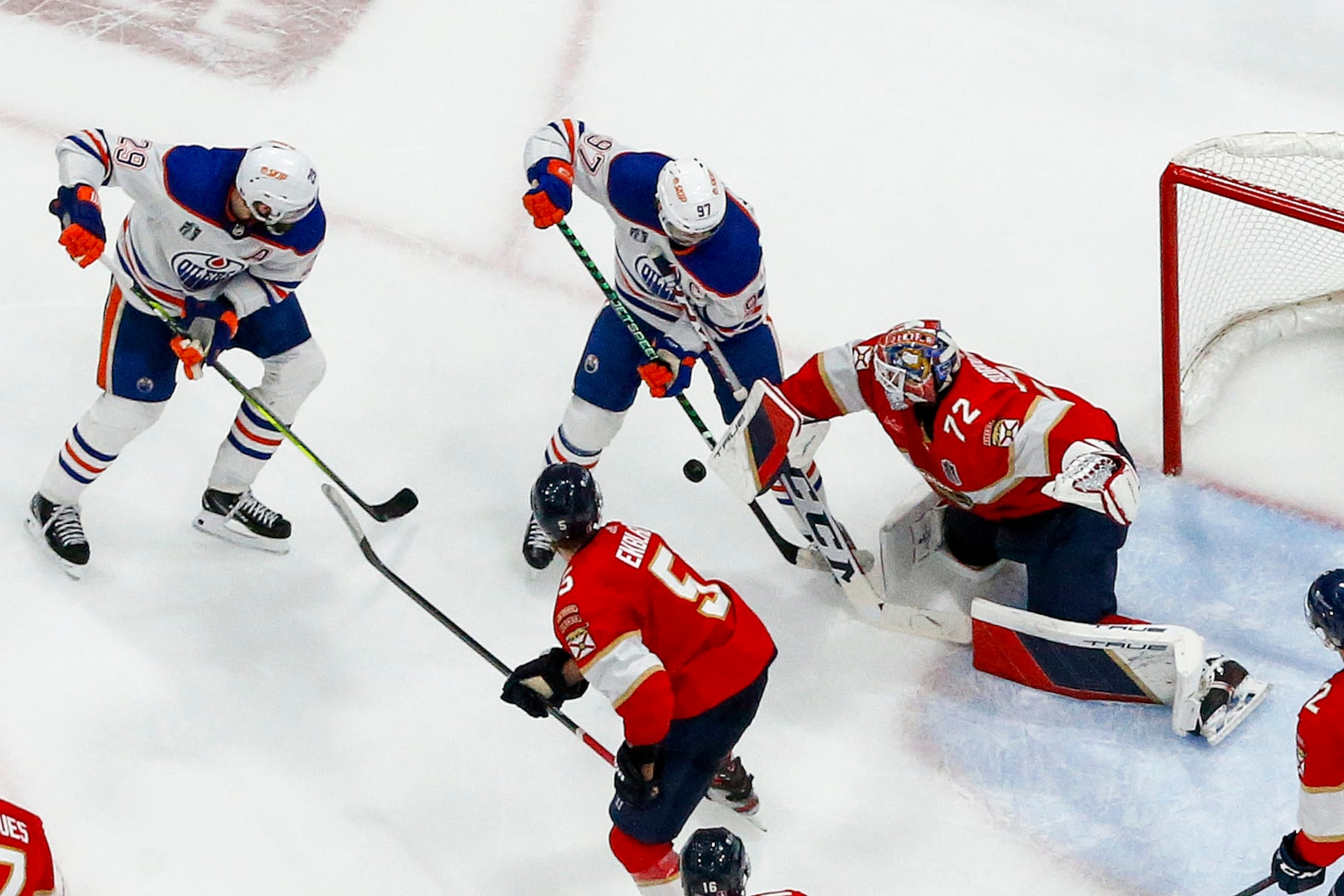 SUNRISE, FL - JUNE 24: Goaltender Sergei Bobrovsky #72 of the Florida Panthers defends the net againstConnor McDavid #97 of the Edmonton Oilers in Game Seven of the Final of the 2024 Stanley Cup Playoffs at the Amerant Bank Arena on June 24, 2024 in Sunrise, Florida. (Photo by Joel Auerbach/Getty Images)
