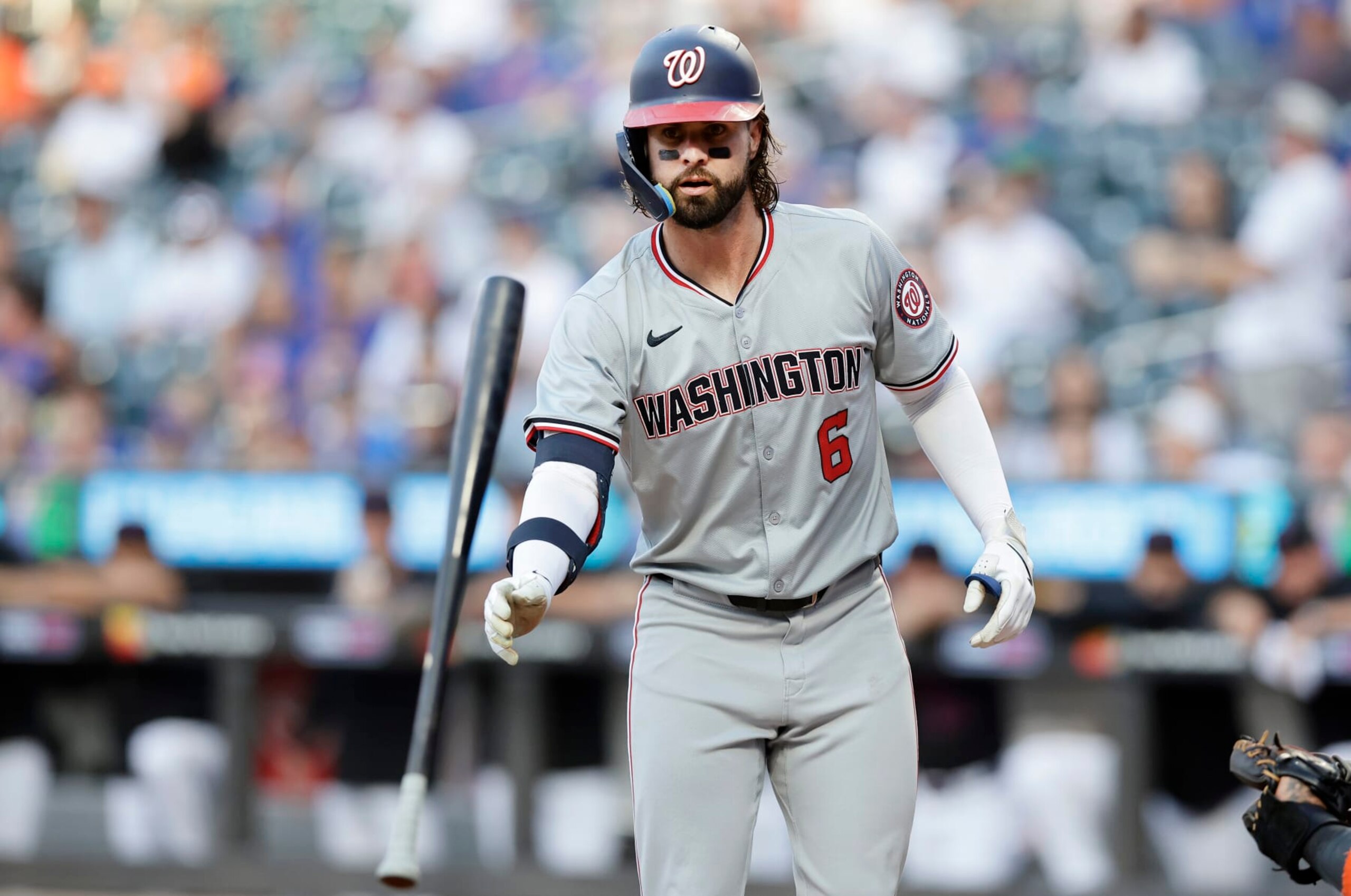 NEW YORK, NEW YORK - JULY 10:  Jesse Winker #6 of the Washington Nationals in action against the New York Mets at Citi Field on July 10, 2024 in New York City. The Mets defeated the Nationals 6-2. (Photo by Jim McIsaac/Getty Images)