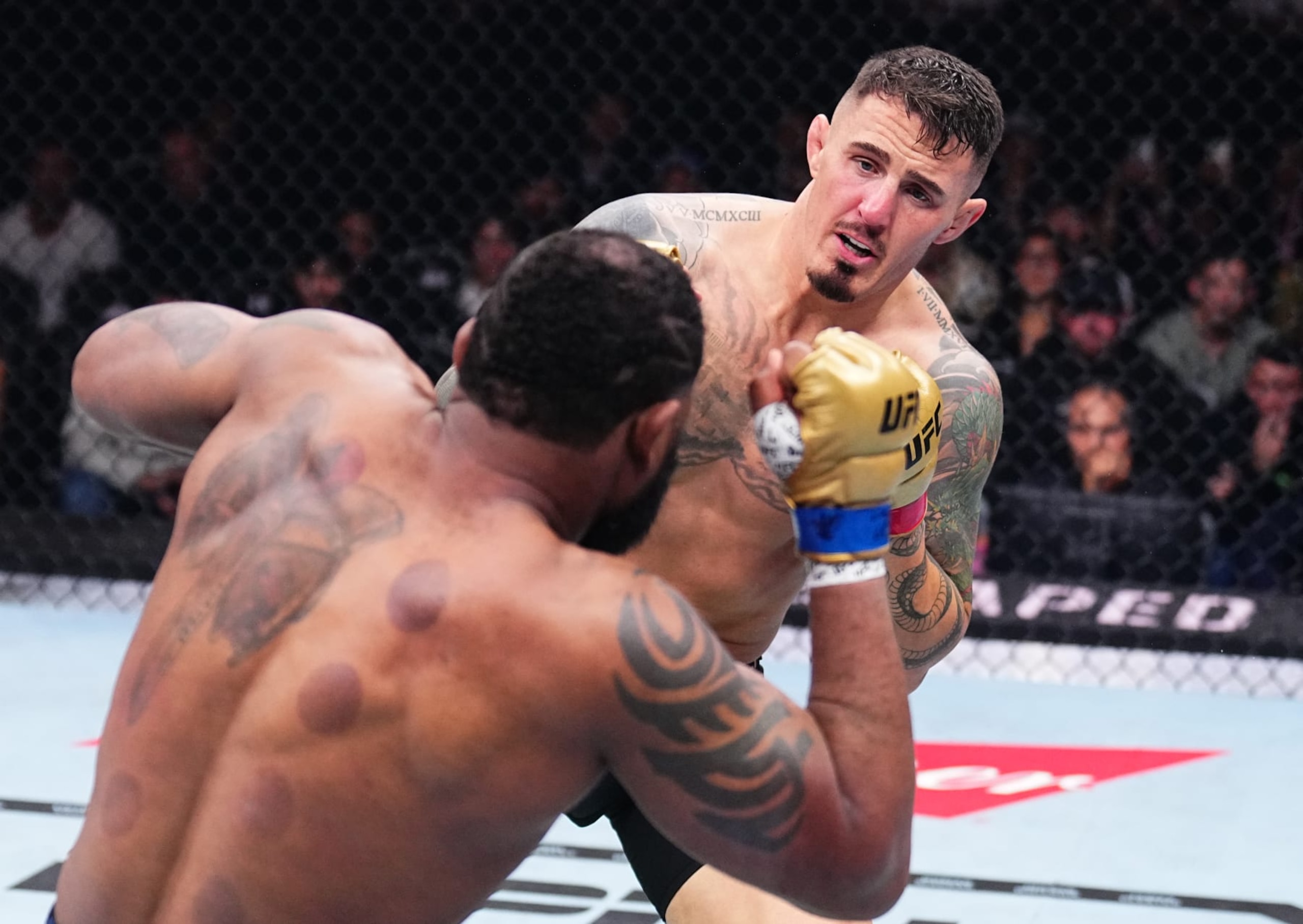 MANCHESTER, ENGLAND - JULY 27: (R-L) Tom Aspinall of England drops Curtis Blaydes with a punch in the interim UFC heavyweight championship bout during the UFC 304 event at Co-op Live on July 27, 2024 in Manchester, England. (Photo by Chris Unger/Zuffa LLC via Getty Images) MANCHESTER, ENGLAND - JULY 27: (R-L) Tom Aspinall of England drops Curtis Blaydes with a punch in the interim UFC heavyweight championship bout during the UFC 304 event at Co-op Live on July 27, 2024 in Manchester, England. (Photo by Chris Unger/Zuffa LLC via Getty Images)