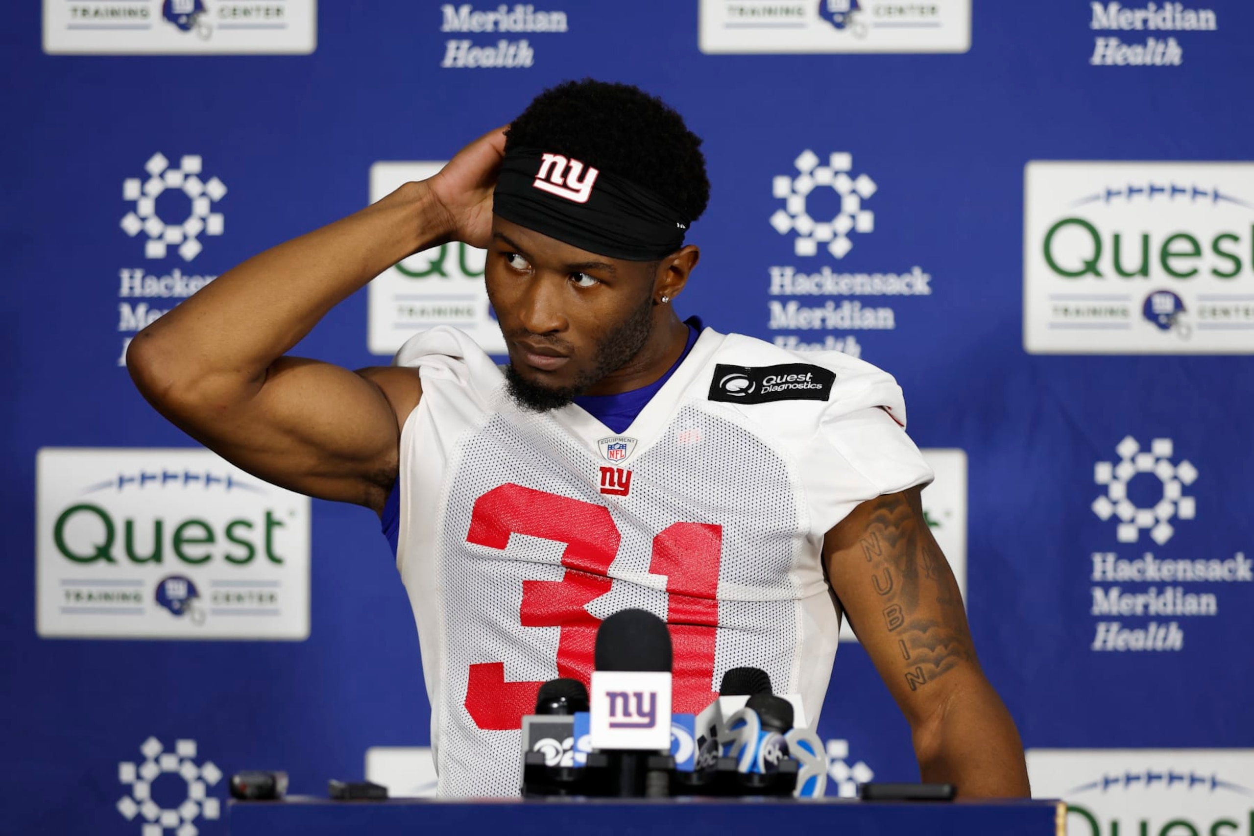 EAST RUTHERFORD, NEW JERSEY - MAY 10: Safety Tyler Nubin speaks to the media during New York Giants Rookie Minicamp at Quest Diagnostics Training Center on May 10, 2024 in East Rutherford, New Jersey. (Photo by Sarah Stier/Getty Images) EAST RUTHERFORD, NEW JERSEY - MAY 10: Safety Tyler Nubin speaks to the media during New York Giants Rookie Minicamp at Quest Diagnostics Training Center on May 10, 2024 in East Rutherford, New Jersey. (Photo by Sarah Stier/Getty Images)