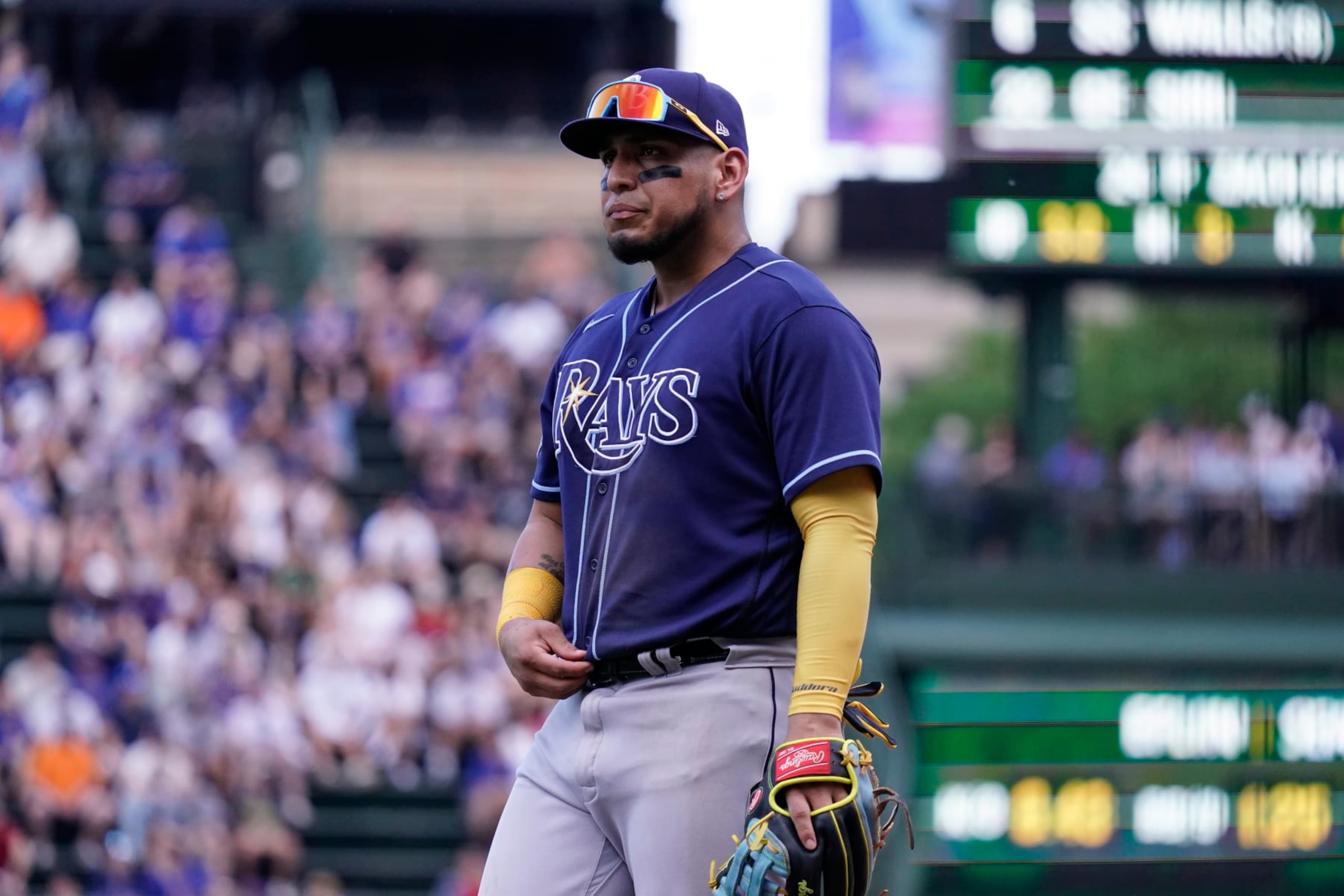 CHICAGO, ILLINOIS - MAY 31: Isaac Paredes #17 of the Tampa Bay Rays stands at third base during a game Chicago Cubs at Wrigley Field on May 31, 2023 in Chicago, Illinois. (Photo by Nuccio DiNuzzo/Getty Images)