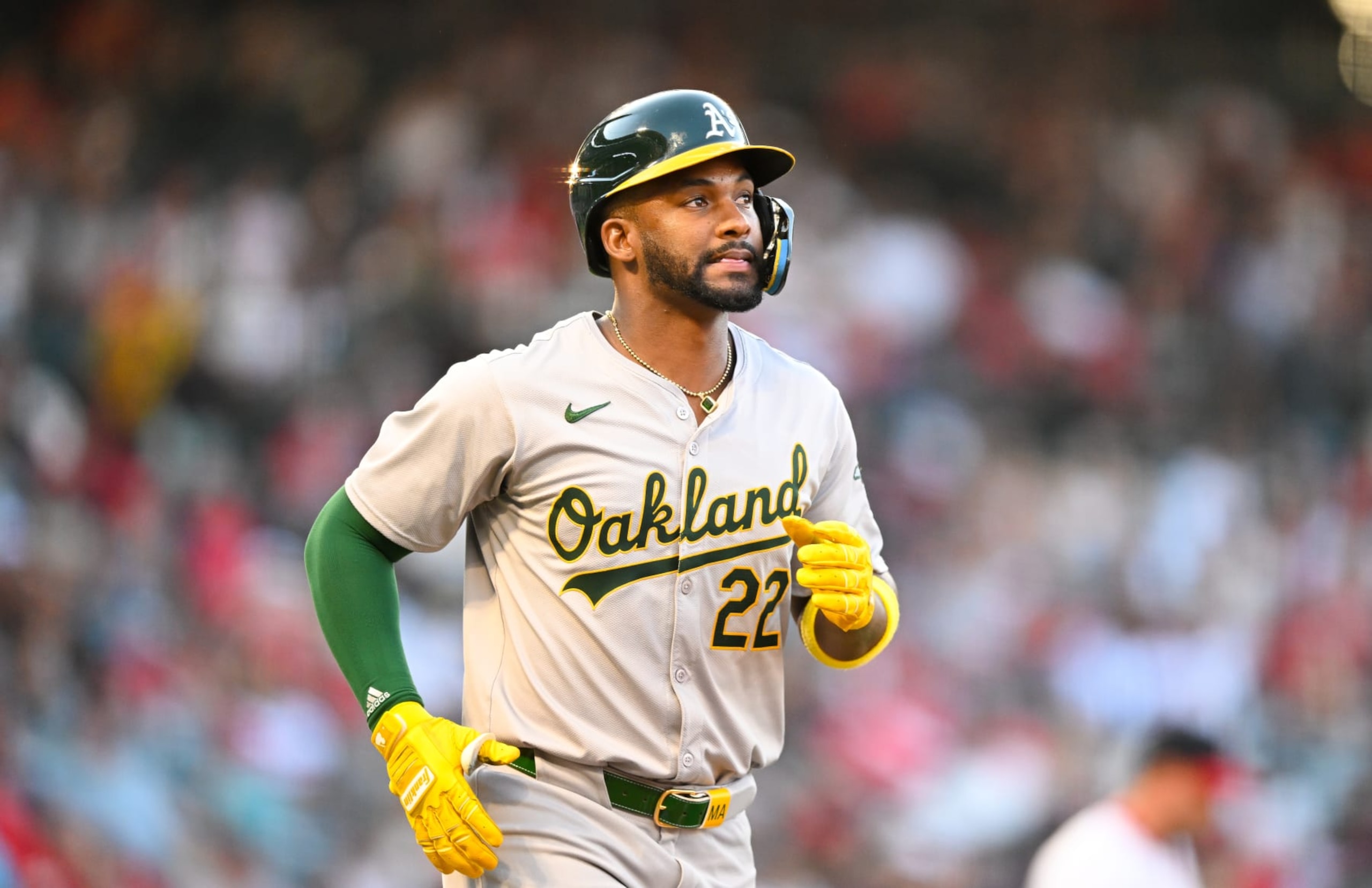 ANAHEIM, CALIFORNIA - JULY 26: Miguel Andujar #22 of Oakland Athletics walks in the top of the third inning during the game against the Los Angeles Angels at Angel Stadium of Anaheim on July 26, 2024 in Anaheim, California. (Photo by Gene Wang/Getty Images)