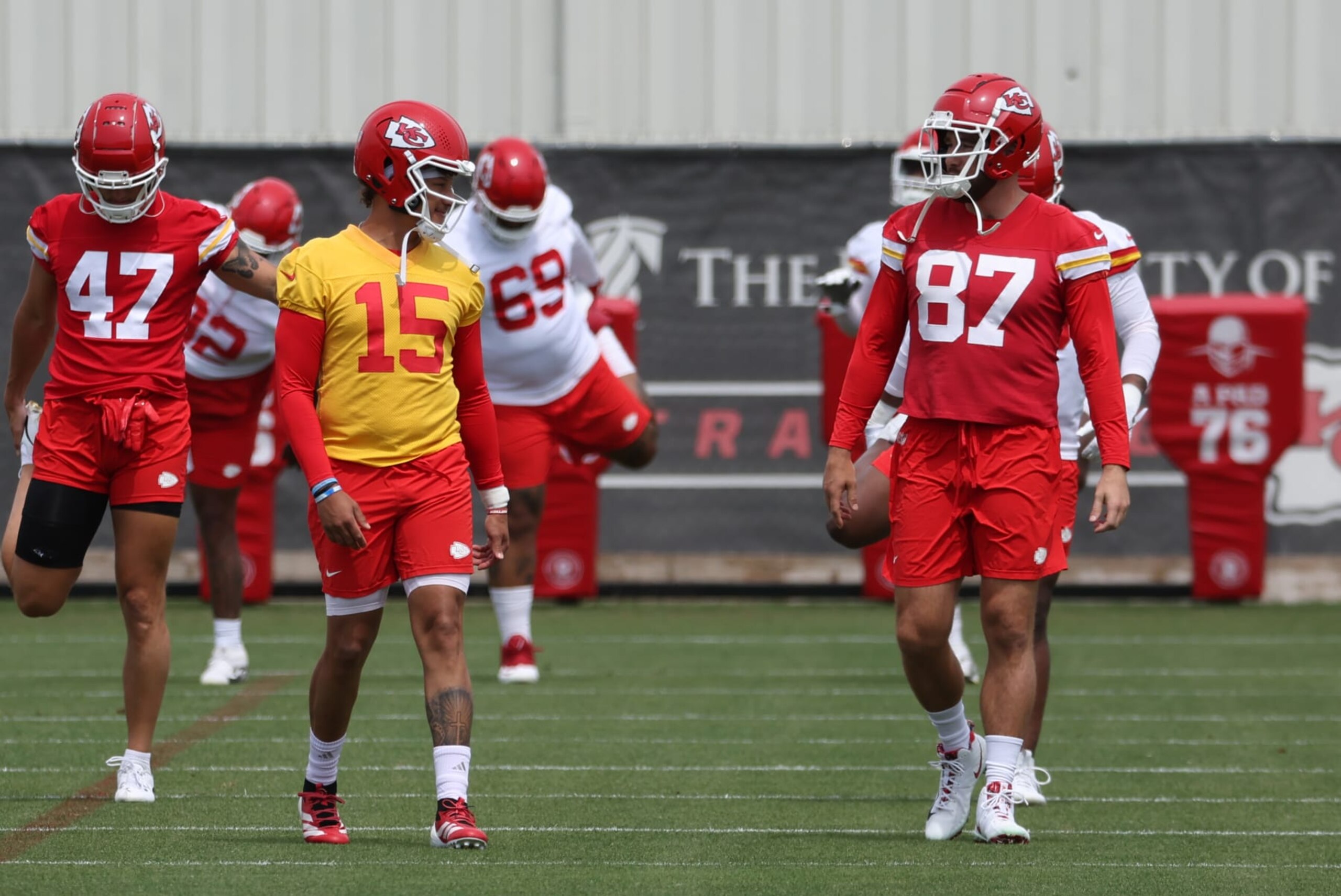 KANSAS CITY, MO - MAY 30: Kansas City Chiefs quarterback Patrick Mahomes (15) and tight end Travis Kelce (87) during OTA's on May 30, 2024 at the Chiefs practice facility in Kansas City, MO. (Photo by Scott Winters/Icon Sportswire via Getty Images)