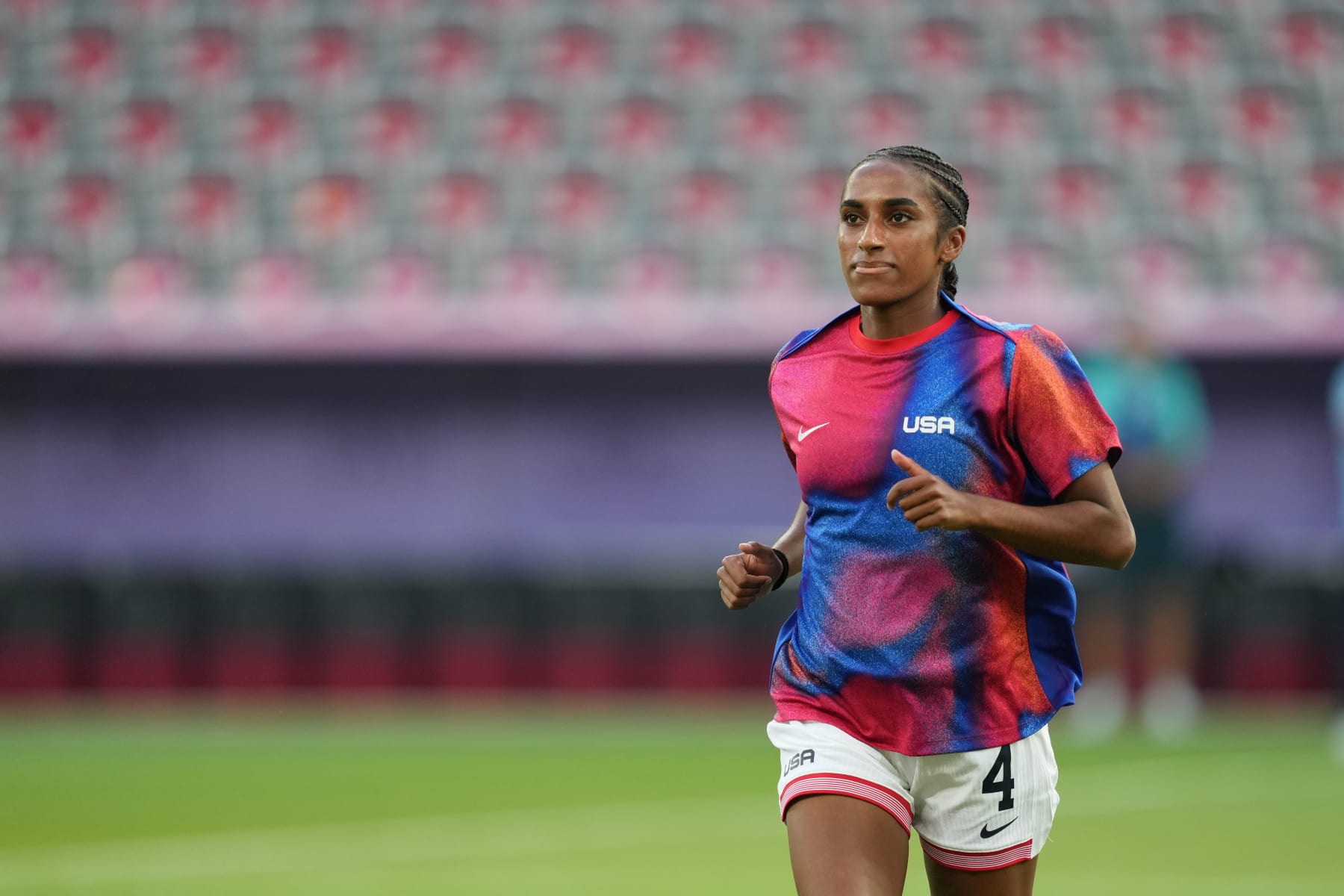 NICE, FRANCE - JULY 25: Naomi Girma #4 of the United States during warmups before the Women's group B match between United States and Zambia during the Olympic Games Paris 2024 at Stade de Nice on July 25, 2024 in Nice, France. (Photo by Brad Smith/ISI/Getty Images)