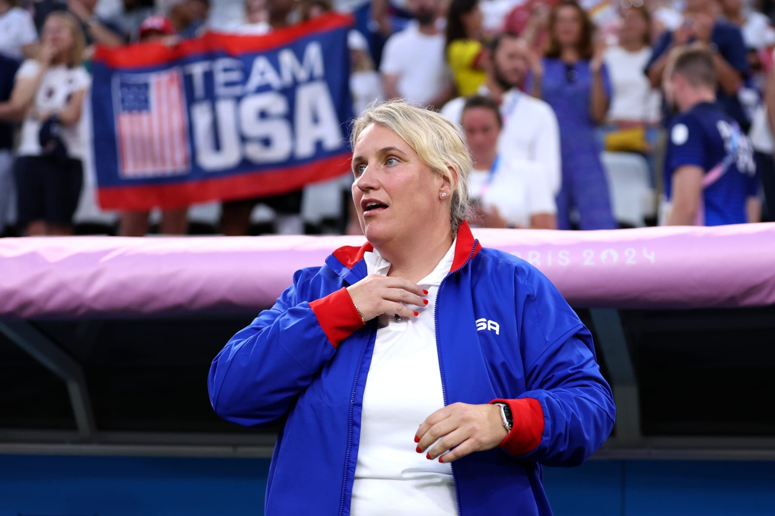 MARSEILLE, FRANCE - JULY 28: Emma Hayes, Head Coach of Team United States gestures during the Women's group B match between United States and Germany during the Olympic Games Paris 2024 at Stade de Marseille on July 28, 2024 in Marseille, France. (Photo by Alex Livesey/Getty Images) MARSEILLE, FRANCE - JULY 28: Emma Hayes, Head Coach of Team United States gestures during the Women's group B match between United States and Germany during the Olympic Games Paris 2024 at Stade de Marseille on July 28, 2024 in Marseille, France. (Photo by Alex Livesey/Getty Images)