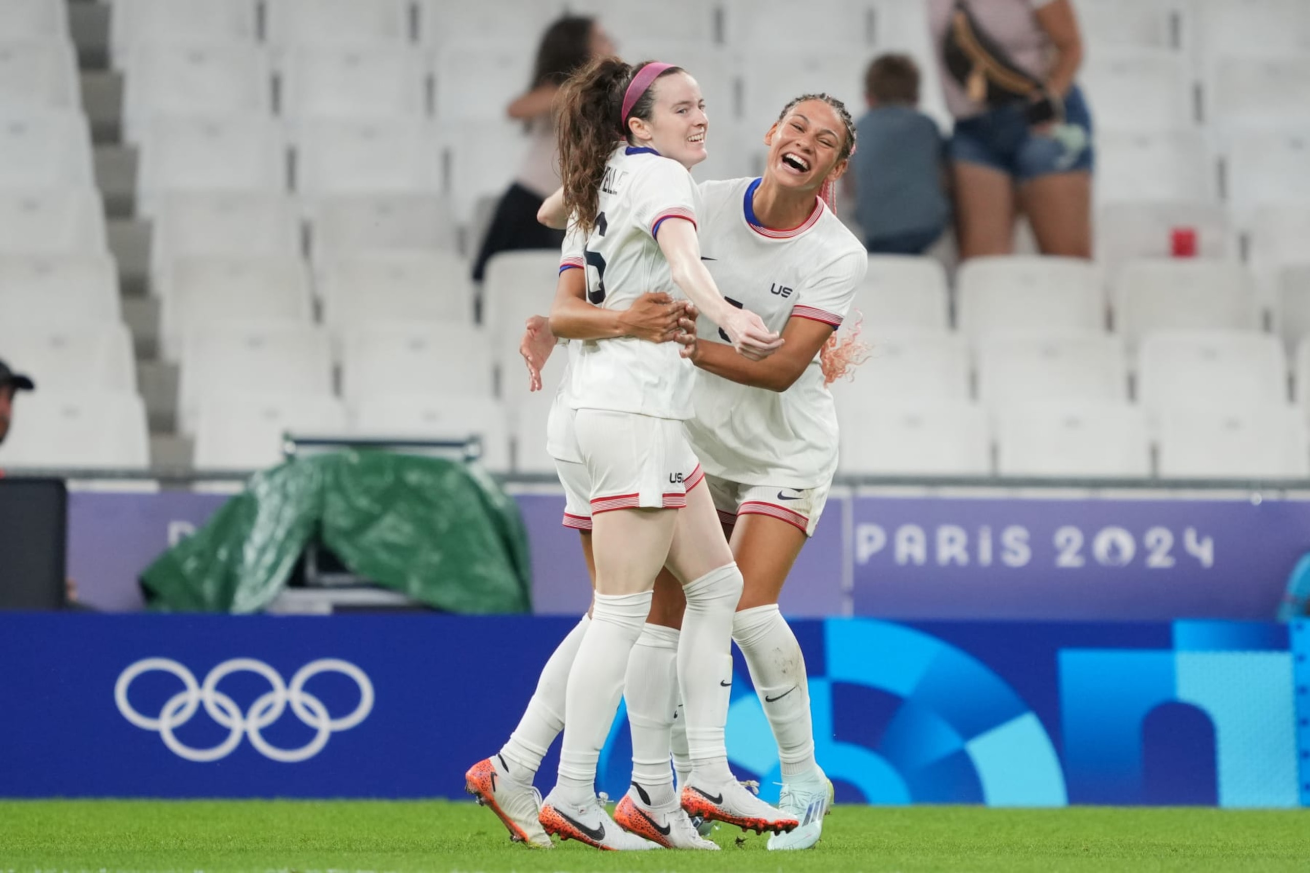 MARSEILLE, FRANCE - JULY 28: Mallory Swanson #9 of the United States celebrates scoring with teammates including Rose Lavelle #16 and Trinity Rodman #5 during the first half against Germany during the Women's group B match during the Olympic Games Paris 2024 at Stade de Marseille on July 28, 2024 in Marseille, France. (Photo by John Todd/ISI/Getty Images) MARSEILLE, FRANCE - JULY 28: Mallory Swanson #9 of the United States celebrates scoring with teammates including Rose Lavelle #16 and Trinity Rodman #5 during the first half against Germany during the Women's group B match during the Olympic Games Paris 2024 at Stade de Marseille on July 28, 2024 in Marseille, France. (Photo by John Todd/ISI/Getty Images)
