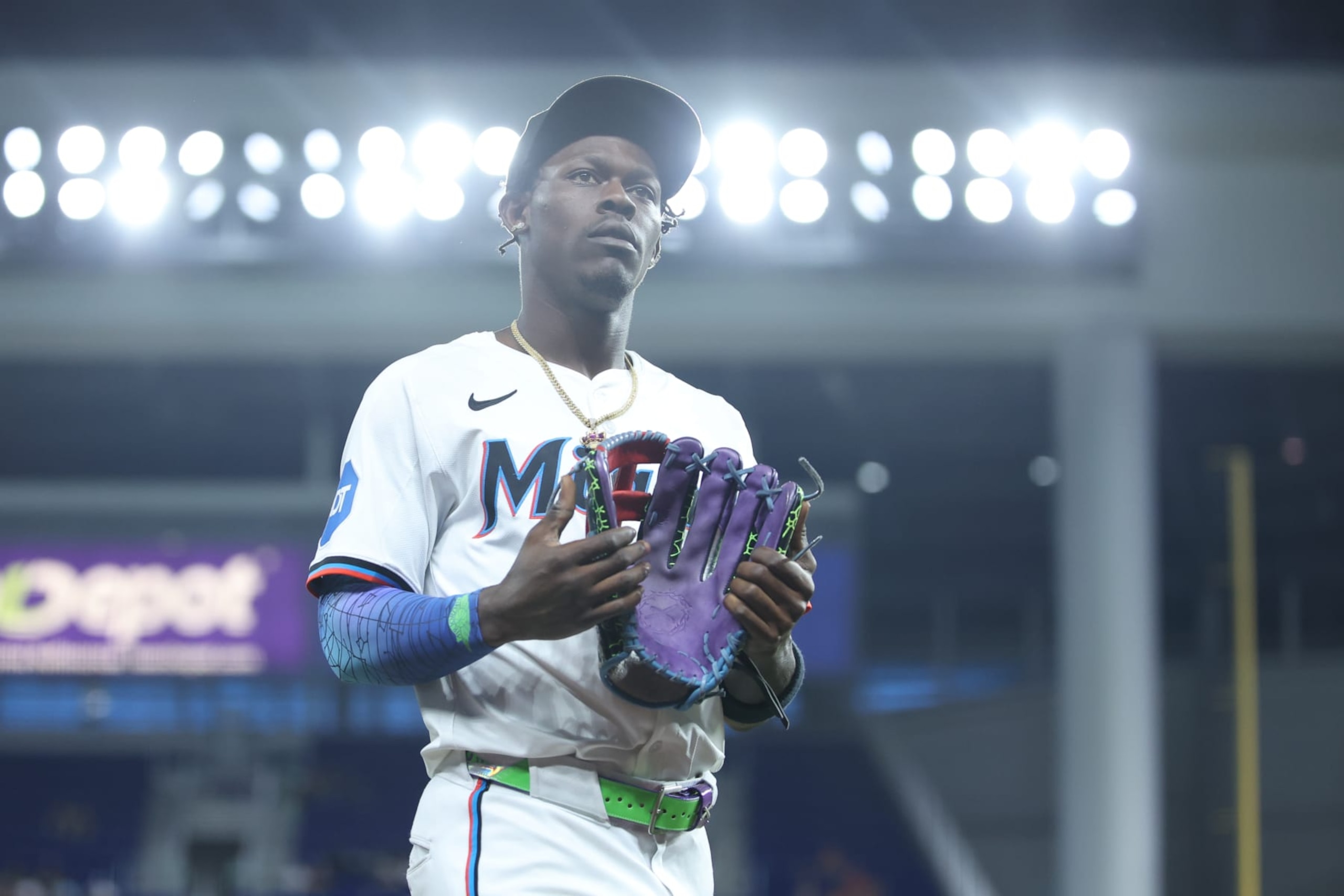 MIAMI, FL - JULY 24: Miami Marlins outfielder Jazz Chisholm Jr. (2) shows a fan he has no ball to toss them in between innings during the game between the Baltimore Orioles and the Miami Marlins on Wednesday, July 24, 2024 at LoanDepot Park in Miami, Fla. (Photo by Peter Joneleit/Icon Sportswire via Getty Images)