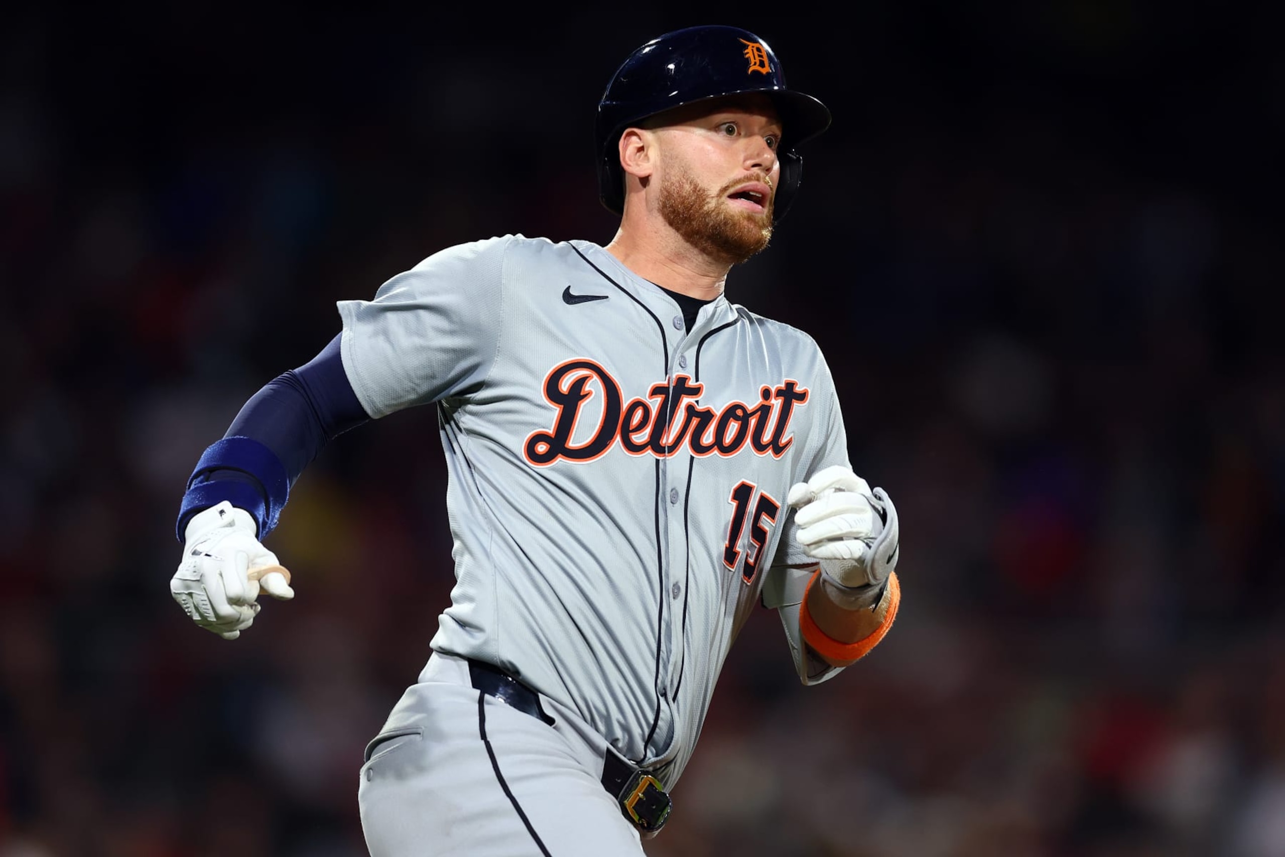 BOSTON, MASSACHUSETTS - MAY 30: Carson Kelly #15 of the Detroit Tigers runs to first base during the sixth inning at Fenway Park on May 30, 2024 in Boston, Massachusetts. (Photo by Maddie Meyer/Getty Images)