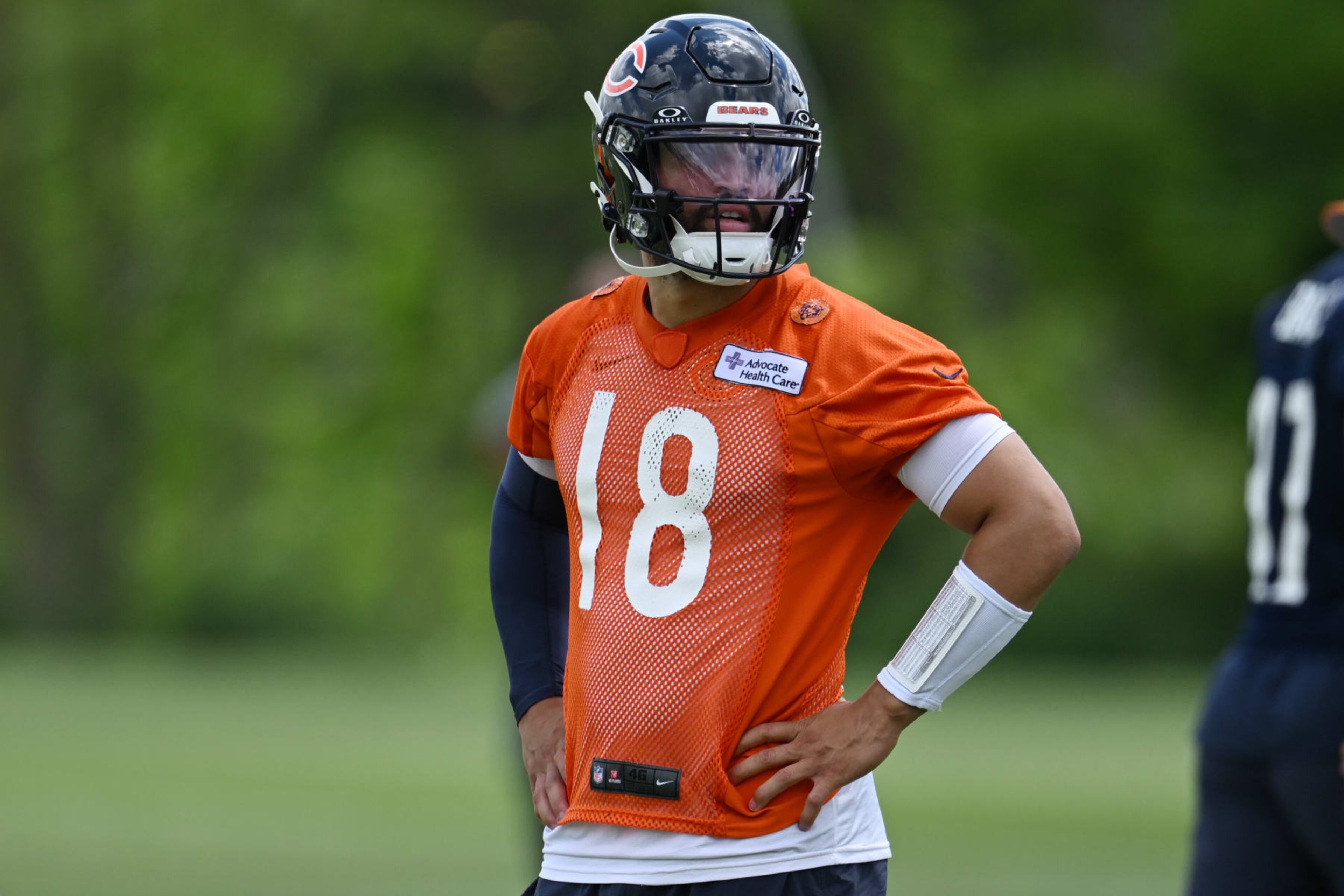 LAKE FOREST, ILLINOIS - JUNE 05: Caleb Williams #18 of the Chicago Bears practices during the Chicago Bears mandatory minicamp football practice at PNC Center at Halas Hall on June 05, 2024 in Lake Forest, Illinois. (Photo by Quinn Harris/Getty Images)