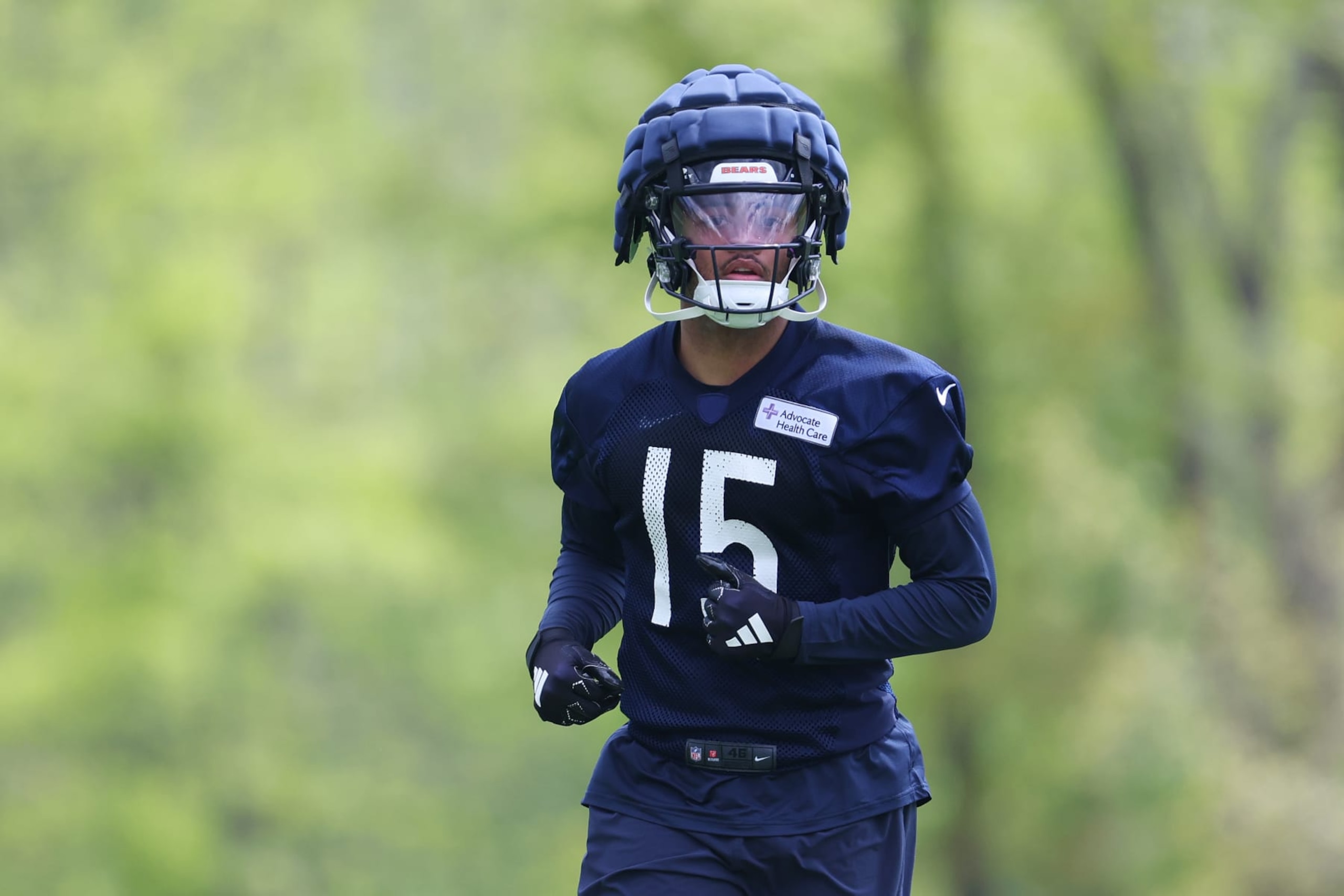 LAKE FOREST, ILLINOIS - MAY 10: Rome Odunze #15 of the Chicago Bears looks on during Chicago Bears Rookie Minicamp at Halas Hall on May 10, 2024 in Lake Forest, Illinois.  (Photo by Michael Reaves/Getty Images)