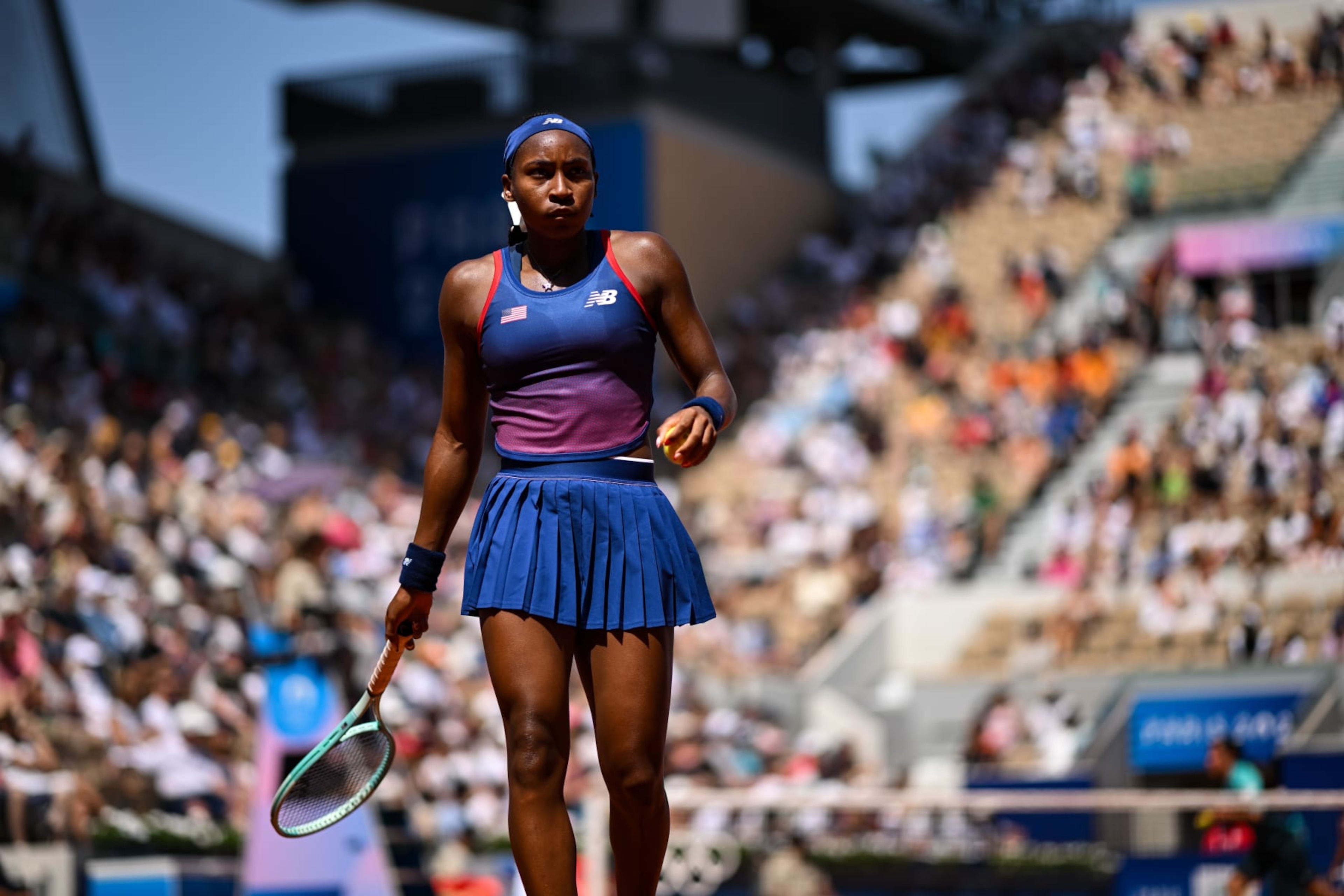 PARIS, FRANCE - JULY 29: Coco Gauff of the United States reacts against Maria Lourdes Carle of Argentina in the Women's Singles second round match on day three of the Olympic Games Paris 2024 at Roland Garros on July 29, 2024 in Paris, France. (Photo by Daniel Kopatsch/Getty Images) PARIS, FRANCE - JULY 29: Coco Gauff of the United States reacts against Maria Lourdes Carle of Argentina in the Women's Singles second round match on day three of the Olympic Games Paris 2024 at Roland Garros on July 29, 2024 in Paris, France. (Photo by Daniel Kopatsch/Getty Images)