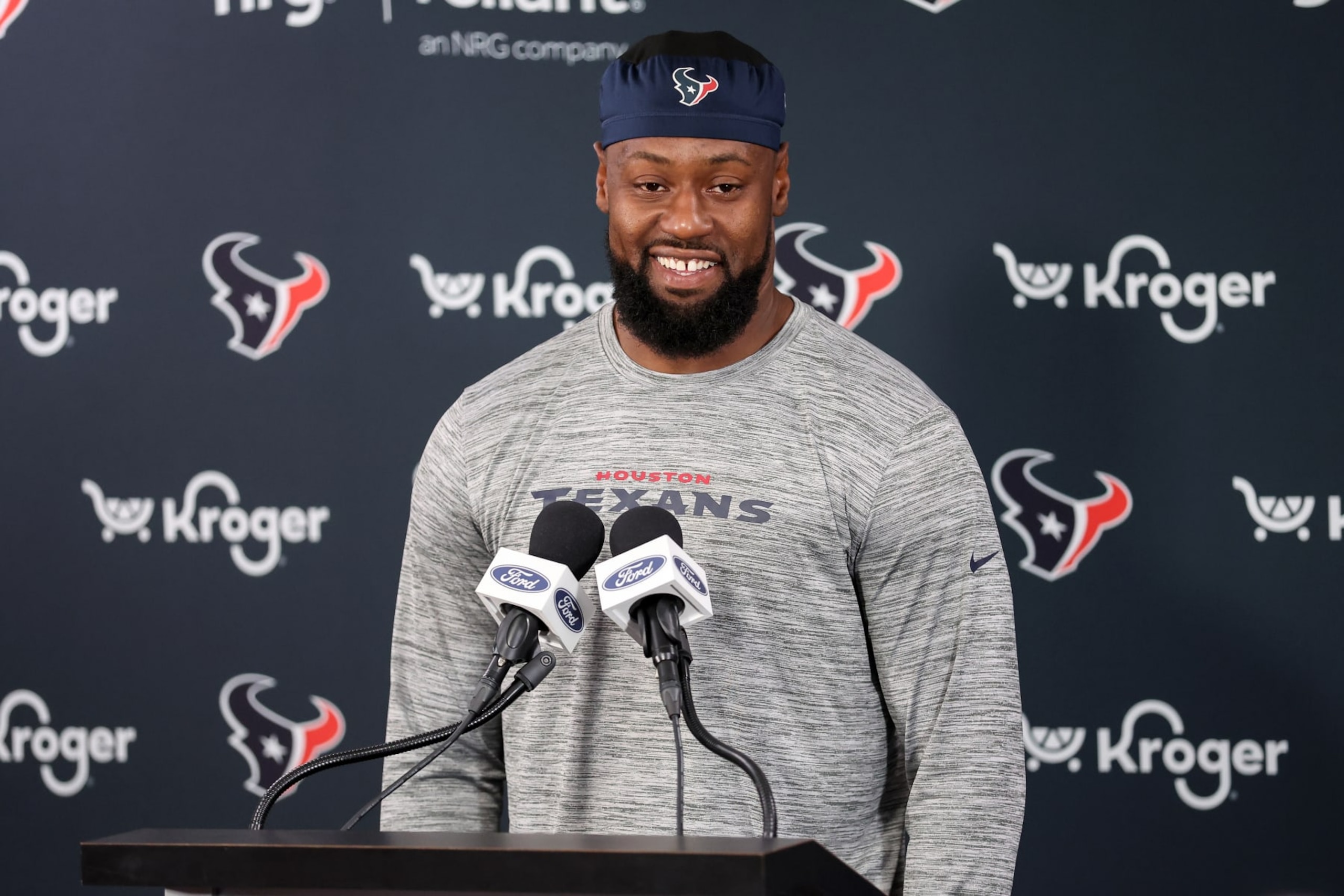 HOUSTON, TEXAS - JUNE 05: Denico Autry #96 of the Houston Texans speaks with media during mandatory minicamp at Houston Methodist Training Center on June 05, 2024 in Houston, Texas. (Photo by Tim Warner/Getty Images)