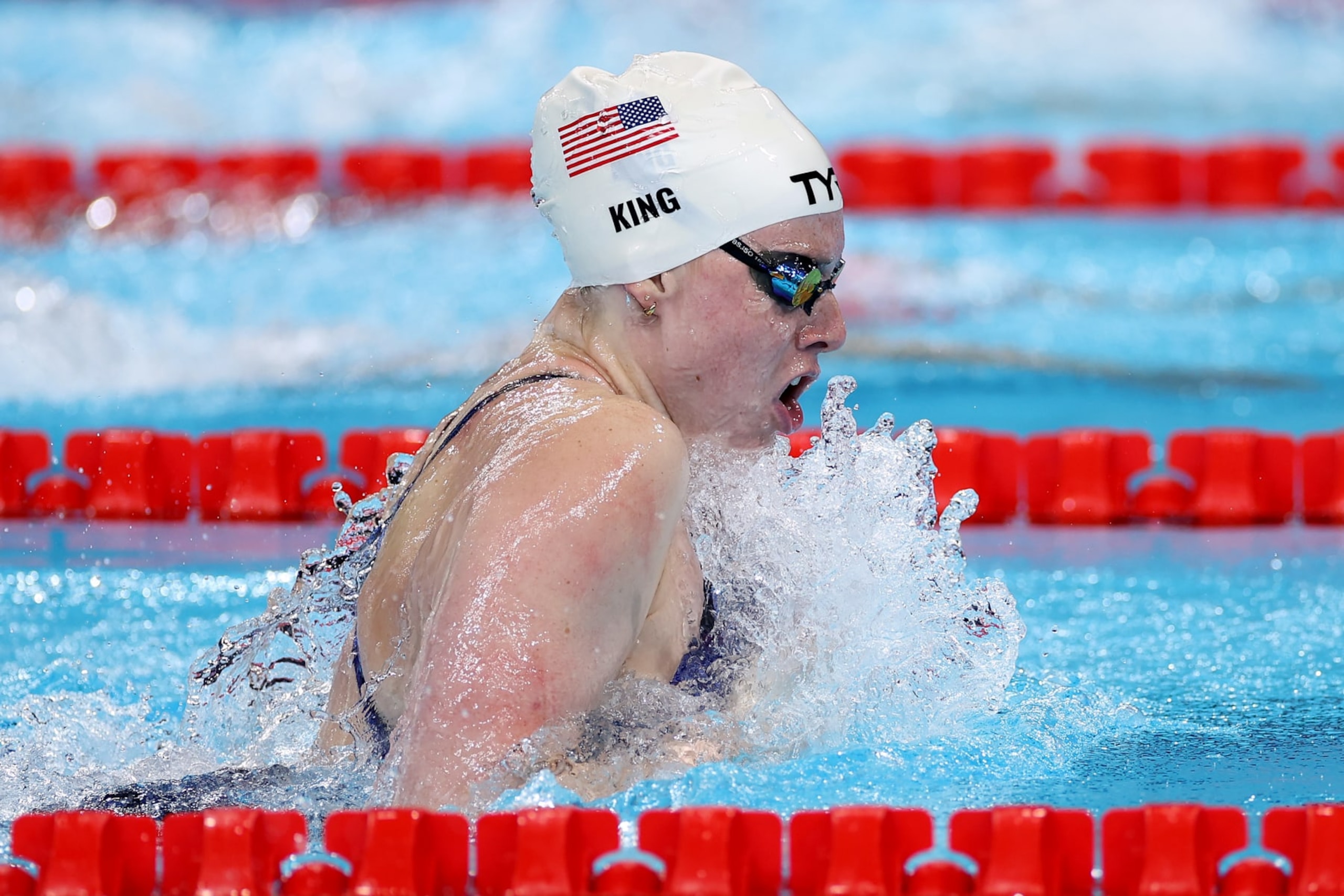 NANTERRE, FRANCE - JULY 28: Lilly King of Team United States competes in the Women’s 100m Breaststroke Heats on day two of the Olympic Games Paris 2024 at Paris La Defense Arena on July 28, 2024 in Nanterre, France. (Photo by Sarah Stier/Getty Images)