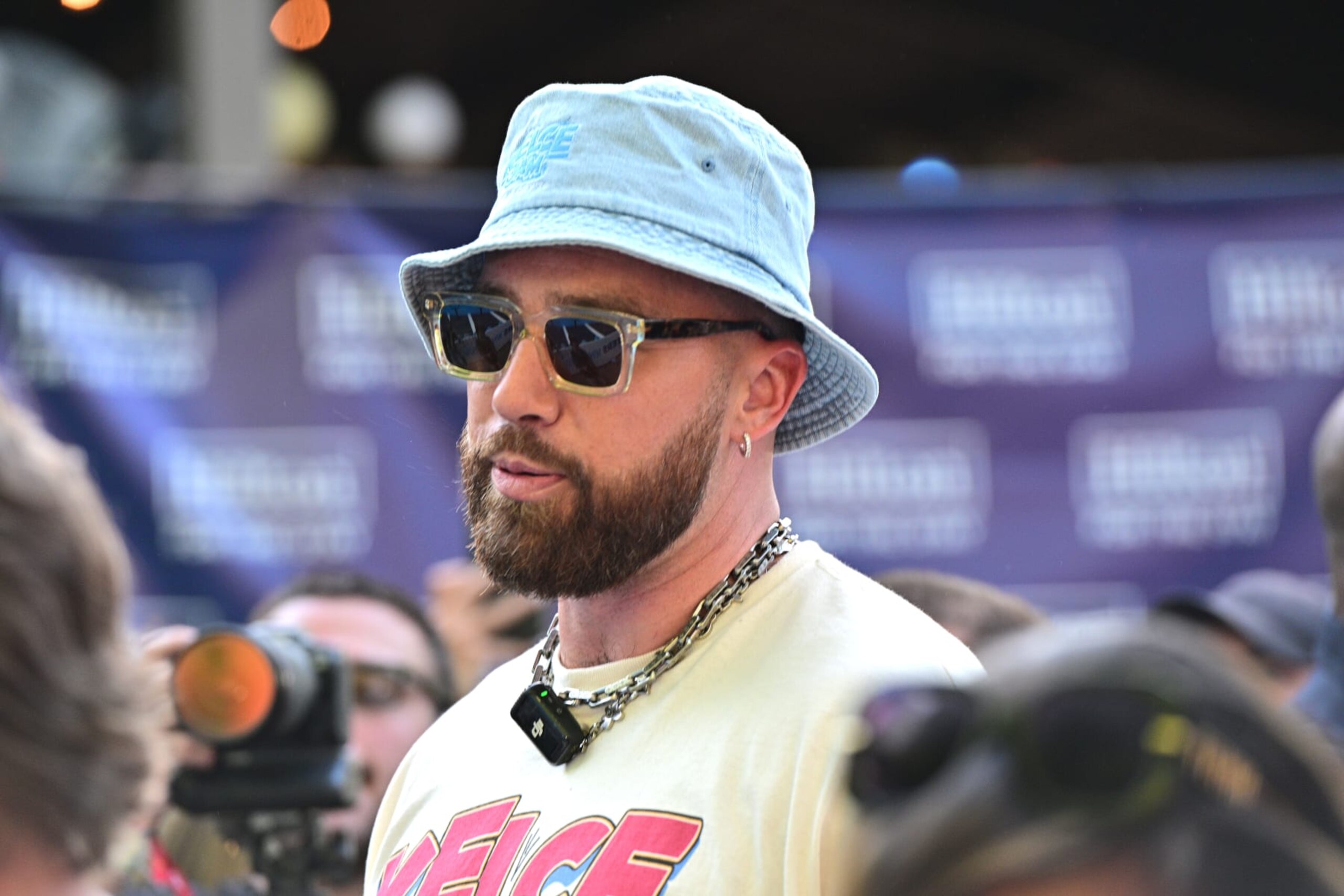 KANSAS CITY, KANSAS - MAY 18: Travis Kelce interacts with fans during Kelce Jam 2024 at Azura Amphitheater on May 18, 2024 in Bonner Springs, Kansas. (Photo by Fernando Leon/Getty Images)