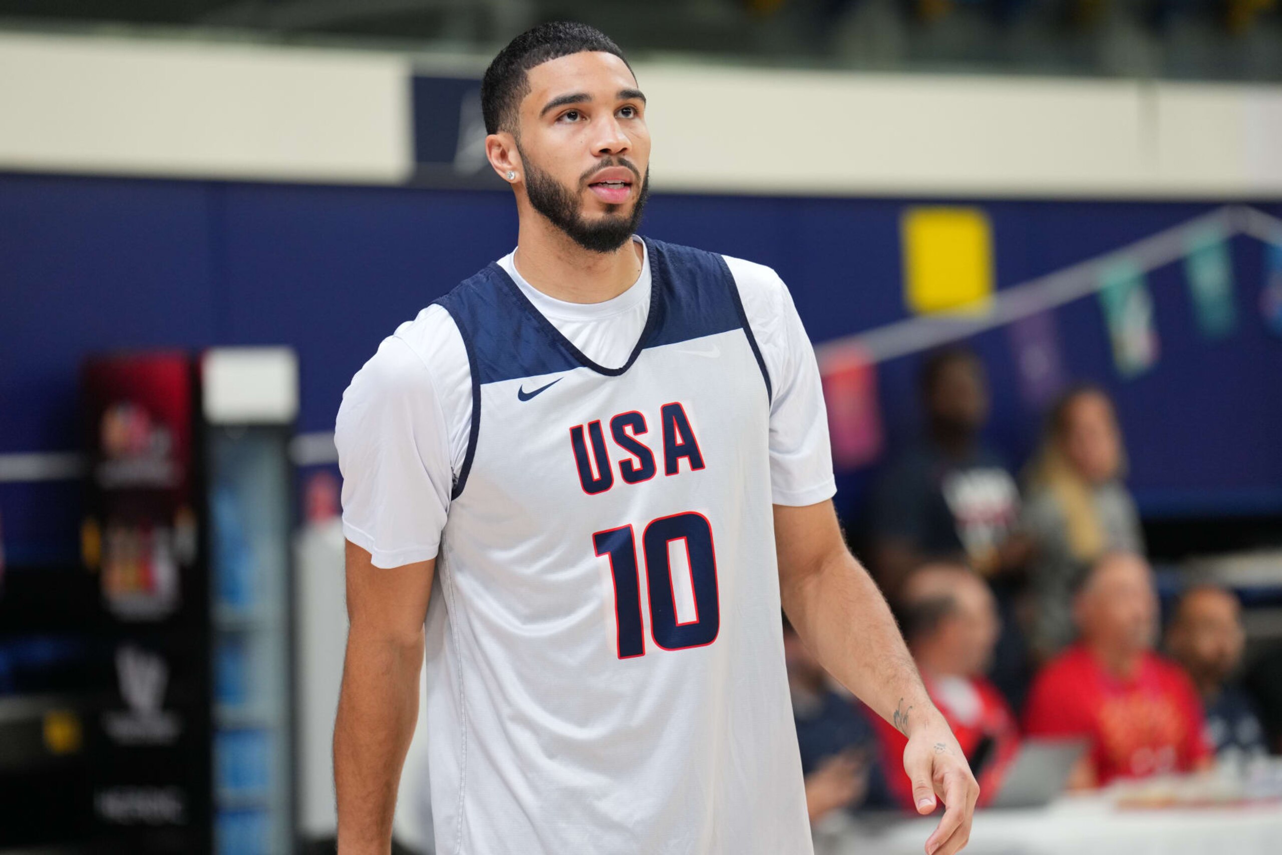 PARIS, FRANCE - JULY 27: Jayson Tatum #10 of the USA Men's National Team looks on during the USA Men's National Team practice at Palais des Sports Marcel-Cerdan on July 27, 2024 in Paris, France. NOTE TO USER: User expressly acknowledges and agrees that, by downloading and/or using this photograph, user is consenting to the terms and conditions of the Getty Images License Agreement. Mandatory Copyright Notice: Copyright 2024 NBAE (Photo by Jesse D. GarrabrantNBAE via Getty Images)