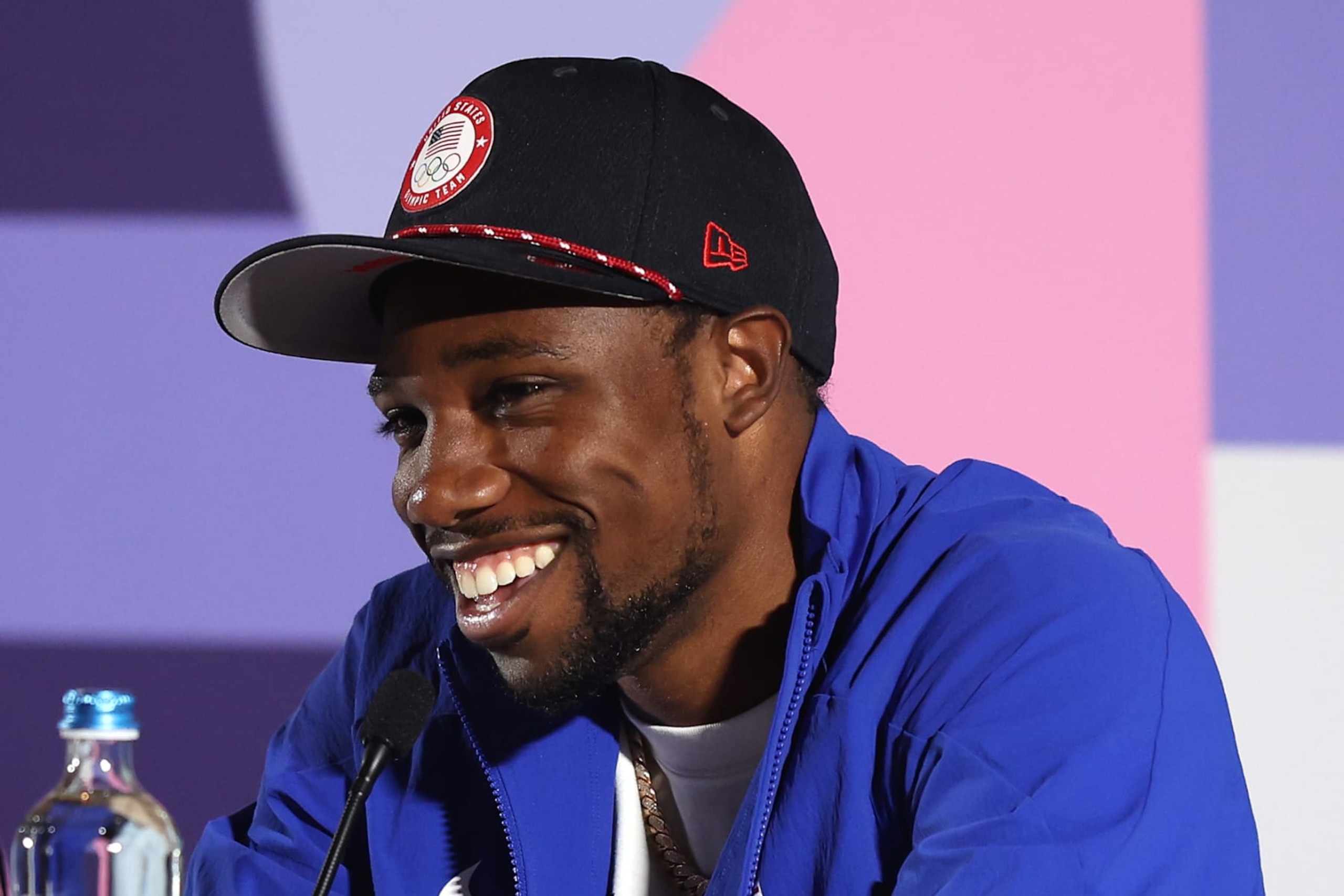 PARIS, FRANCE - JULY 29: Noah Lyles of the United States speaks during a Team USA Track & Field press conference on day three of the Olympic Games Paris 2024 at  the Main Press Centre on July 29, 2024 in Paris, France. (Photo by Mike Lawrie/Getty Images)