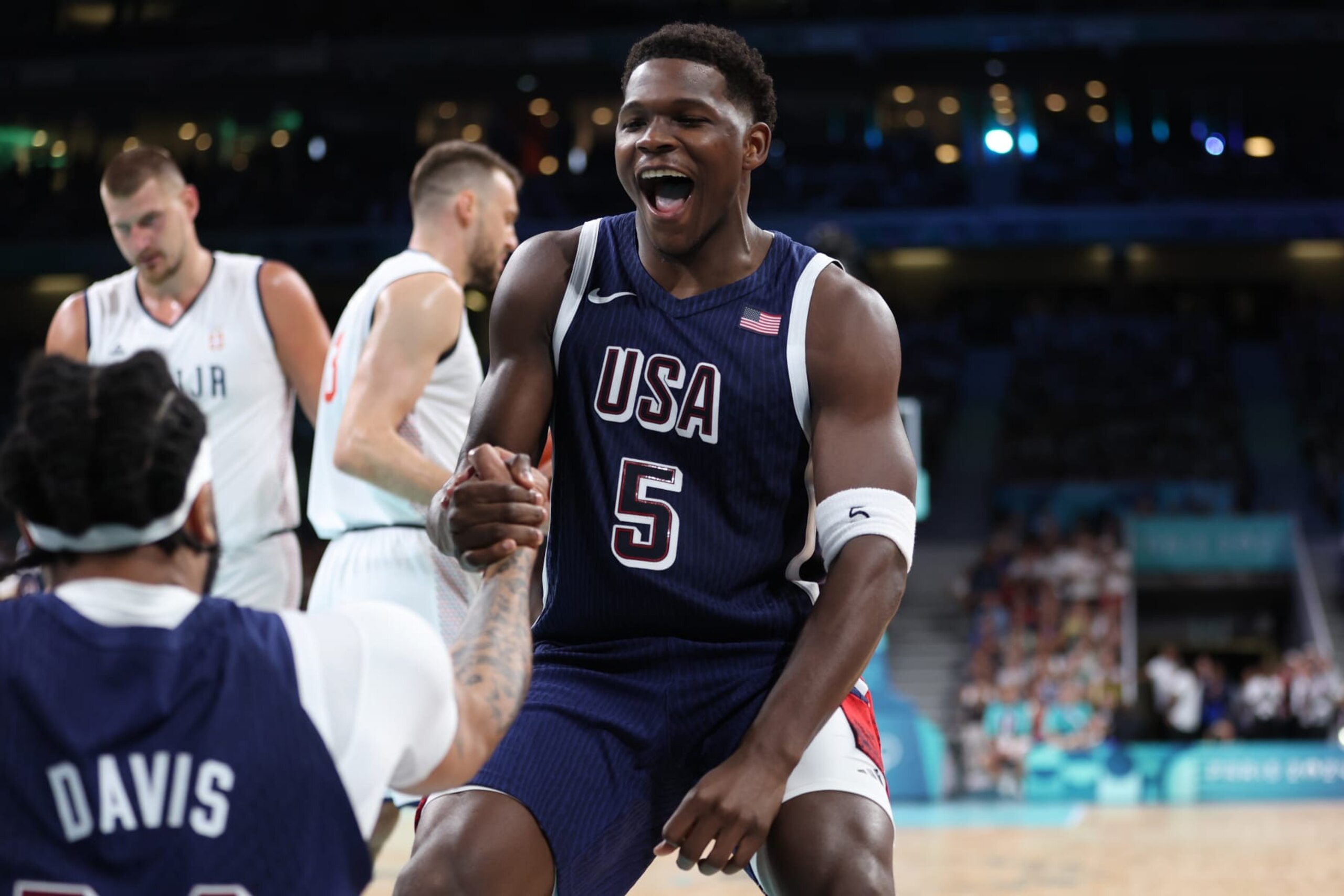 LILLE, FRANCE - JULY 28: Anthony Edwards #5 of Team United States reacts during the second half of the Men's Group Phase - Group C game between Serbia and the United States on day two of the Olympic Games Paris 2024 at Stade Pierre Mauroy on July 28, 2024 in Lille, France. (Photo by Gregory Shamus/Getty Images)