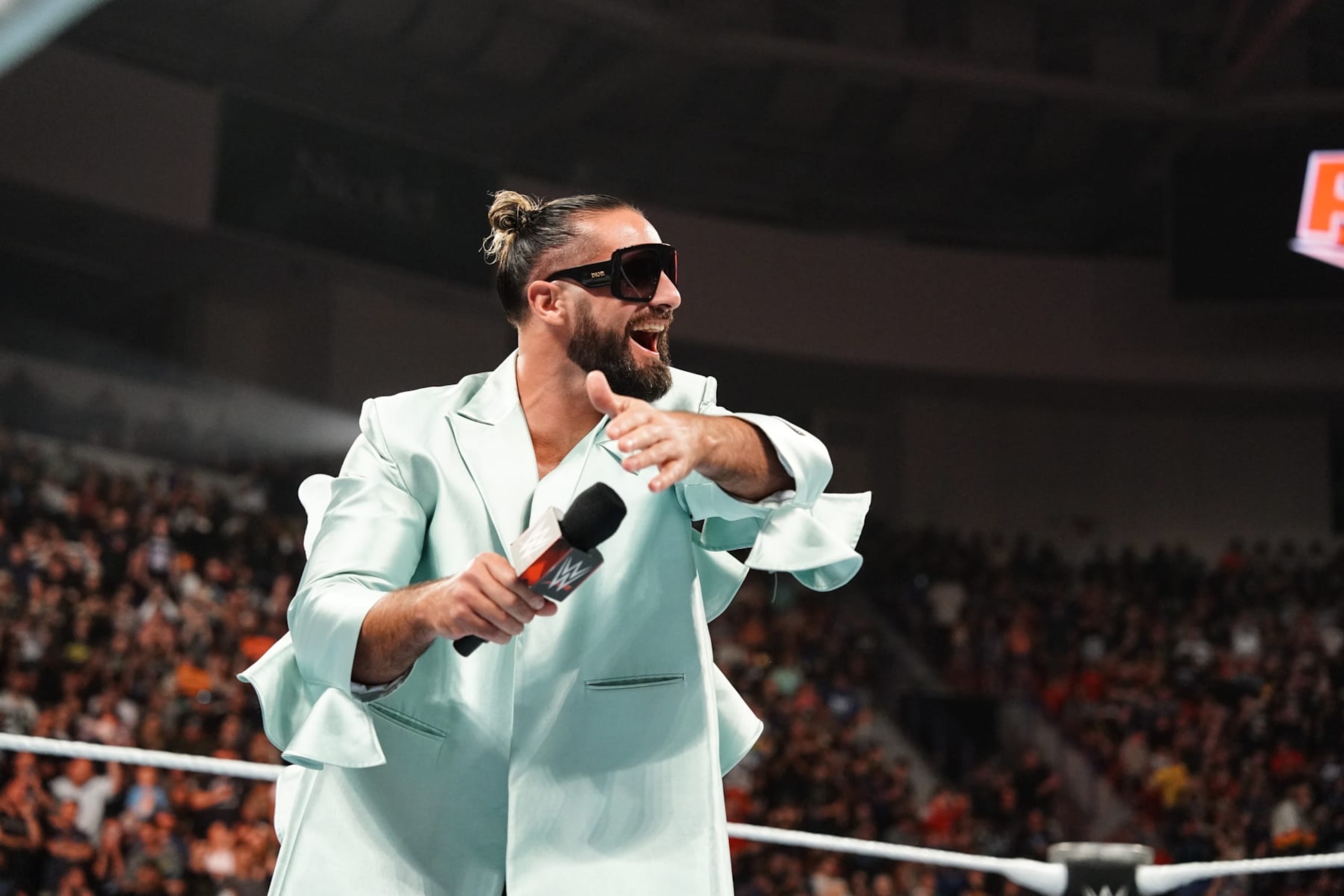 GREEN BAY, WISCONSIN - JULY 22: Seth Rollins enters the ring during Monday Night RAW at Resch Center on July 22, 2024 in Green Bay, Wisconsin.  (Photo by WWE/Getty Images)
