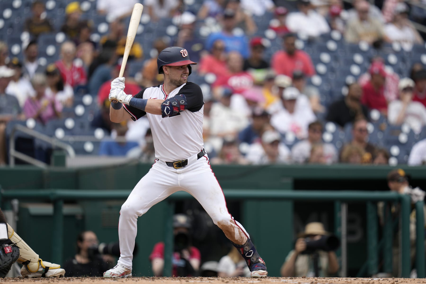 WASHINGTON, DC - JULY 25: Lane Thomas #28 of the Washington Nationals bats against the San Diego Padres during the fourth inning at Nationals Park on July 25, 2024 in Washington, DC. (Photo by Jess Rapfogel/Getty Images)