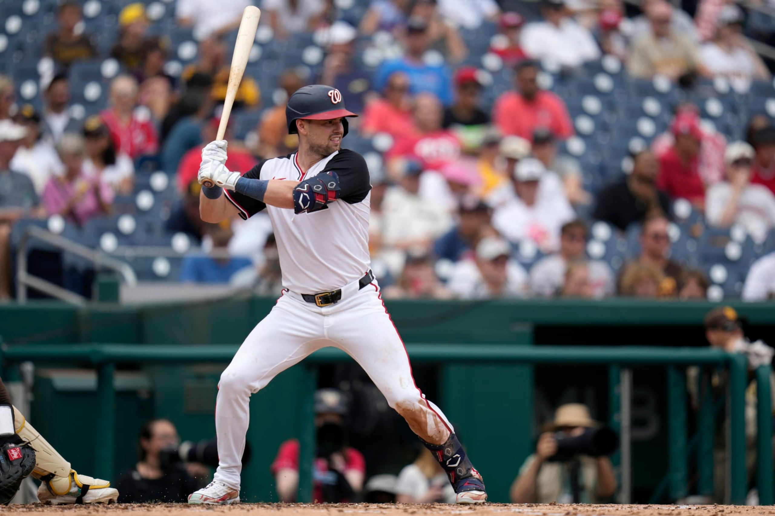 WASHINGTON, DC - JULY 25: Lane Thomas #28 of the Washington Nationals bats against the San Diego Padres during the fourth inning at Nationals Park on July 25, 2024 in Washington, DC. (Photo by Jess Rapfogel/Getty Images)