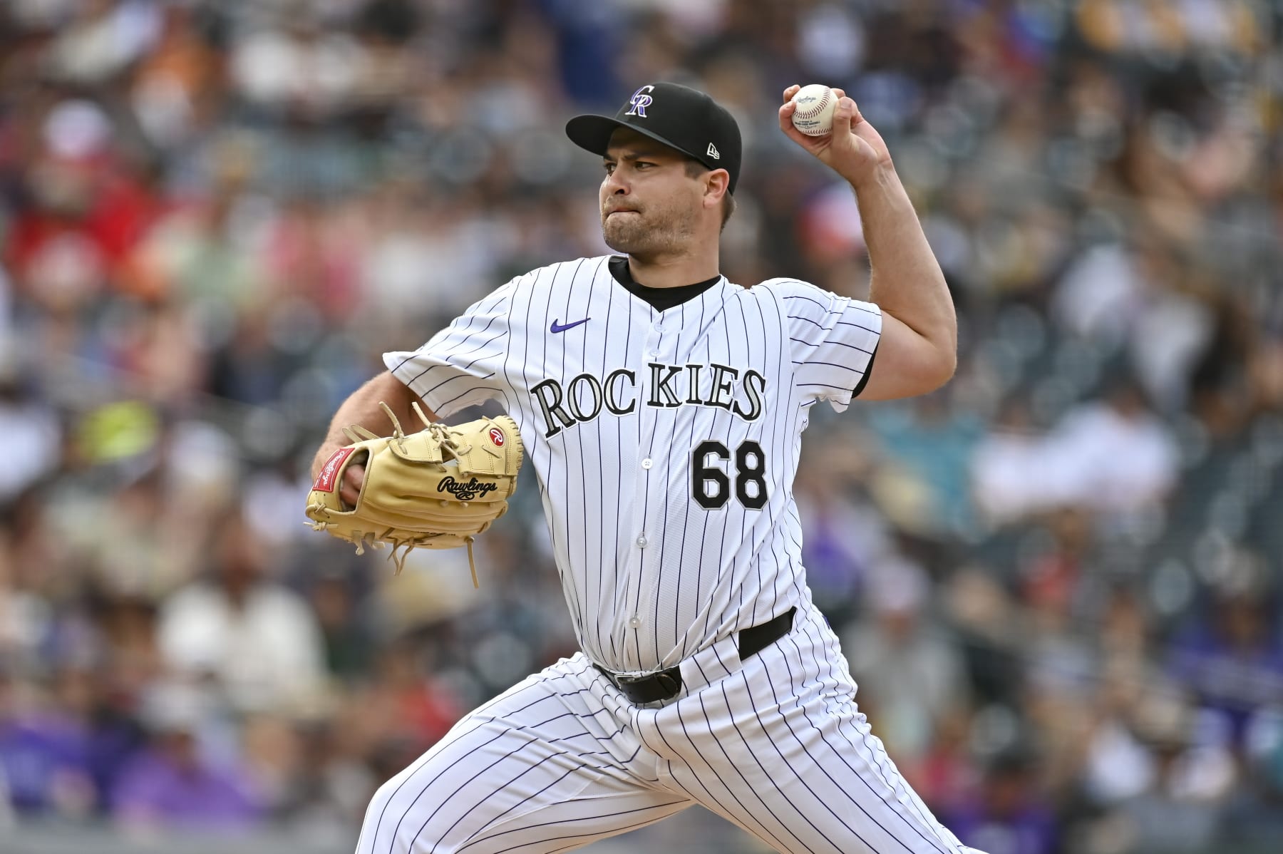 DENVER, CO - JULY 21: Colorado Rockies pitcher Jalen Beeks (68) in action during a game between the San Francisco Giants and the Colorado Rockies at Coors Field in Denver, CO on July 21, 2024. (Photo by Kevin Langley/Icon Sportswire via Getty Images)