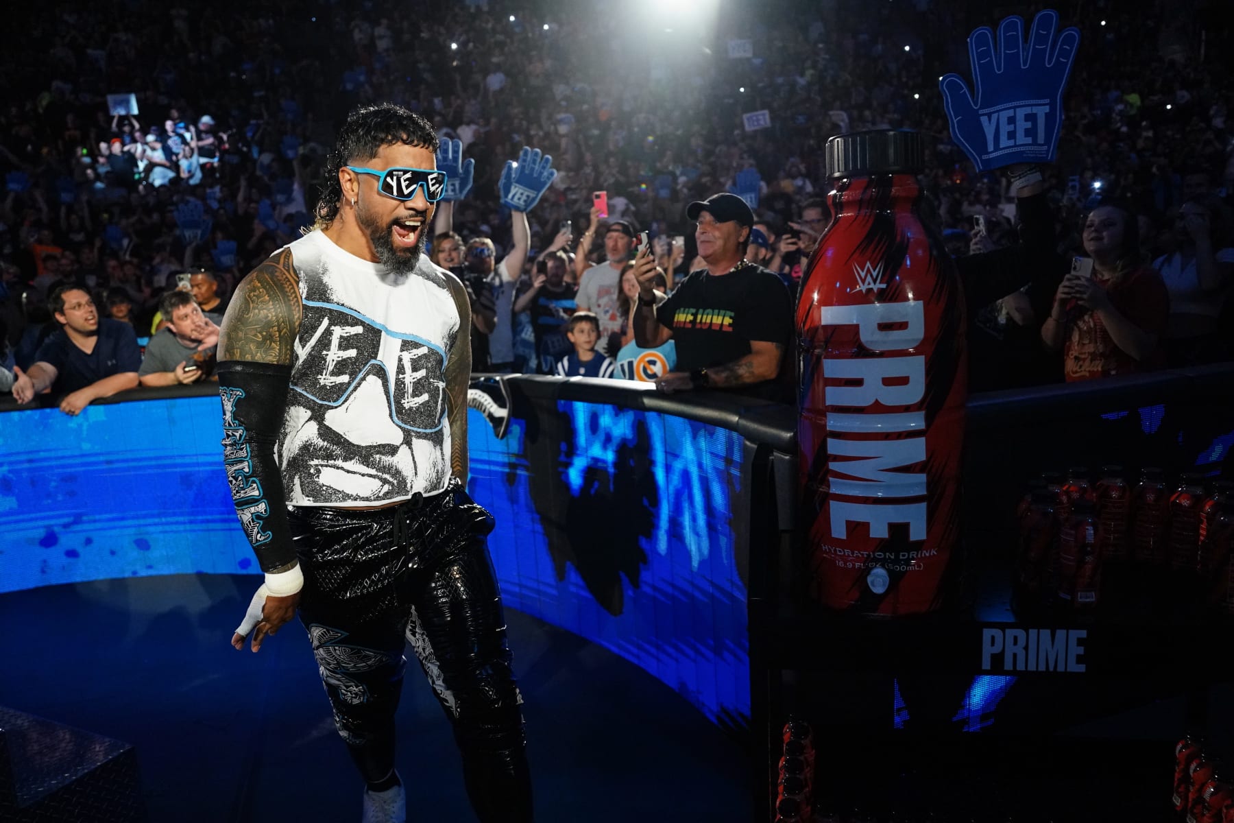 GREEN BAY, WISCONSIN - JULY 22: Jey Uso makes his way to the ring during Monday Night RAW at Resch Center on July 22, 2024 in Green Bay, Wisconsin.  (Photo by WWE/Getty Images)