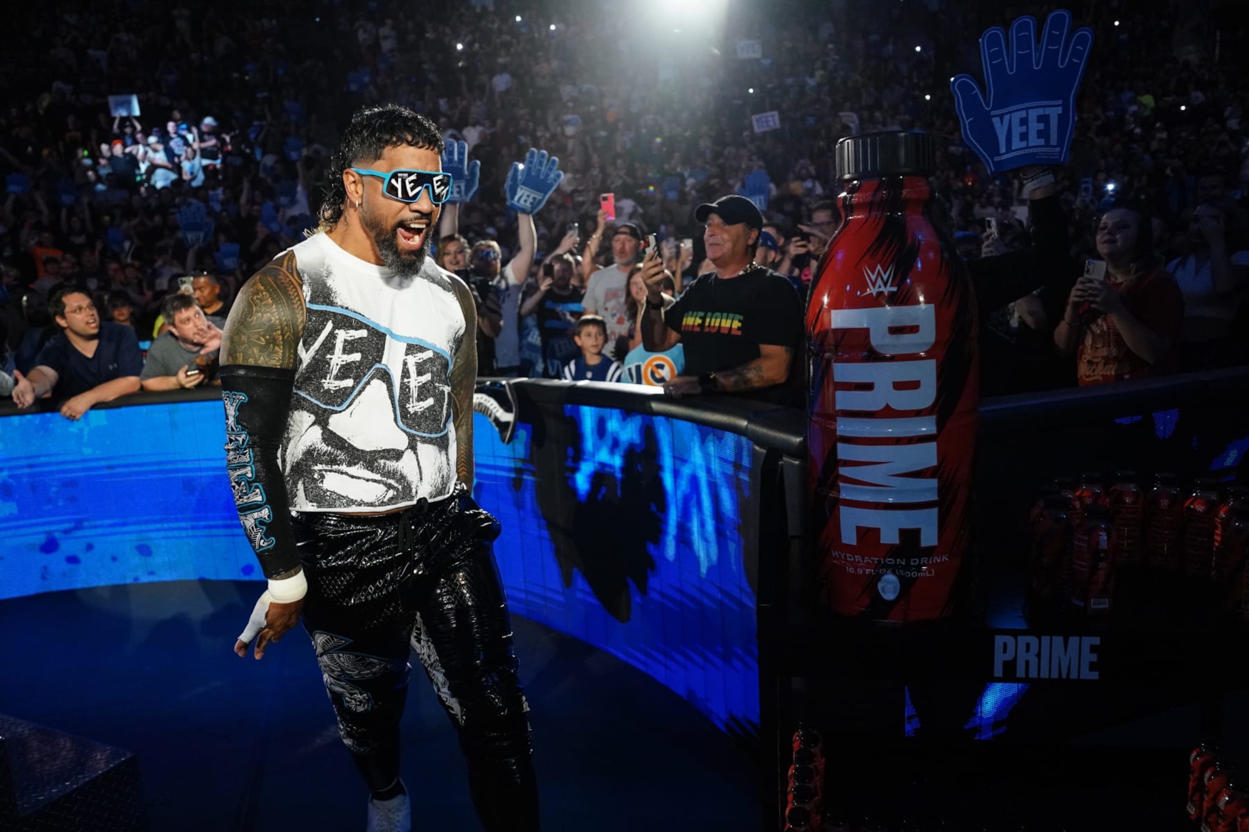 GREEN BAY, WISCONSIN - JULY 22: Jey Uso makes his way to the ring during Monday Night RAW at Resch Center on July 22, 2024 in Green Bay, Wisconsin.  (Photo by WWE/Getty Images)