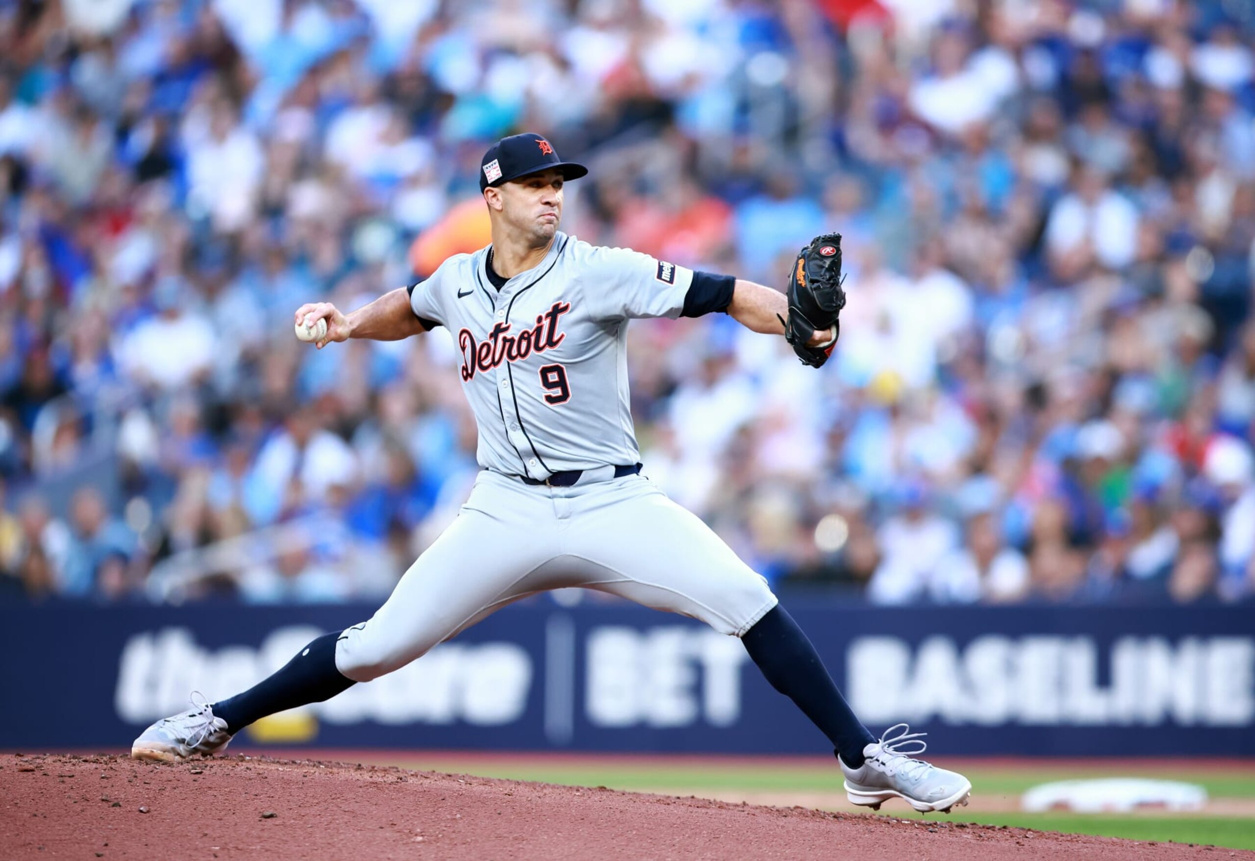 TORONTO, ON - JULY 19:  Jack Flaherty #9 of the Detroit Tigers delivers a pitch during a game against the Toronto Blue Jays at Rogers Centre on July 19, 2024 in Toronto, Ontario, Canada.  (Photo by Vaughn Ridley/Getty Images)