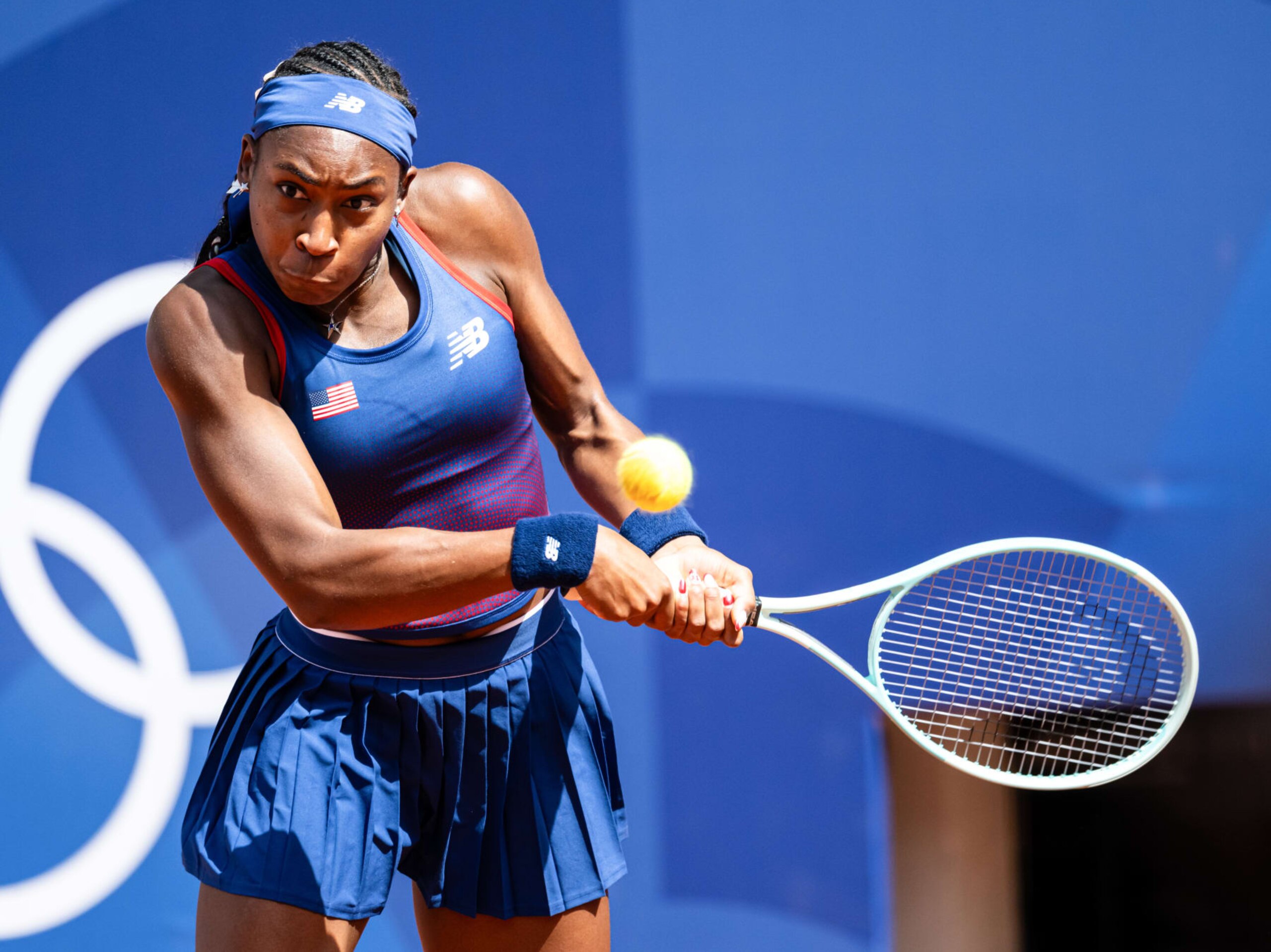 PARIS, FRANCE - JULY 30: Coco Gauff of USA in Action on day four of the Olympic Games Paris 2024 at Roland Garros on July 30, 2024 in Paris, France. (Photo by Markus Gilliar - GES Sportfoto/Getty Images)