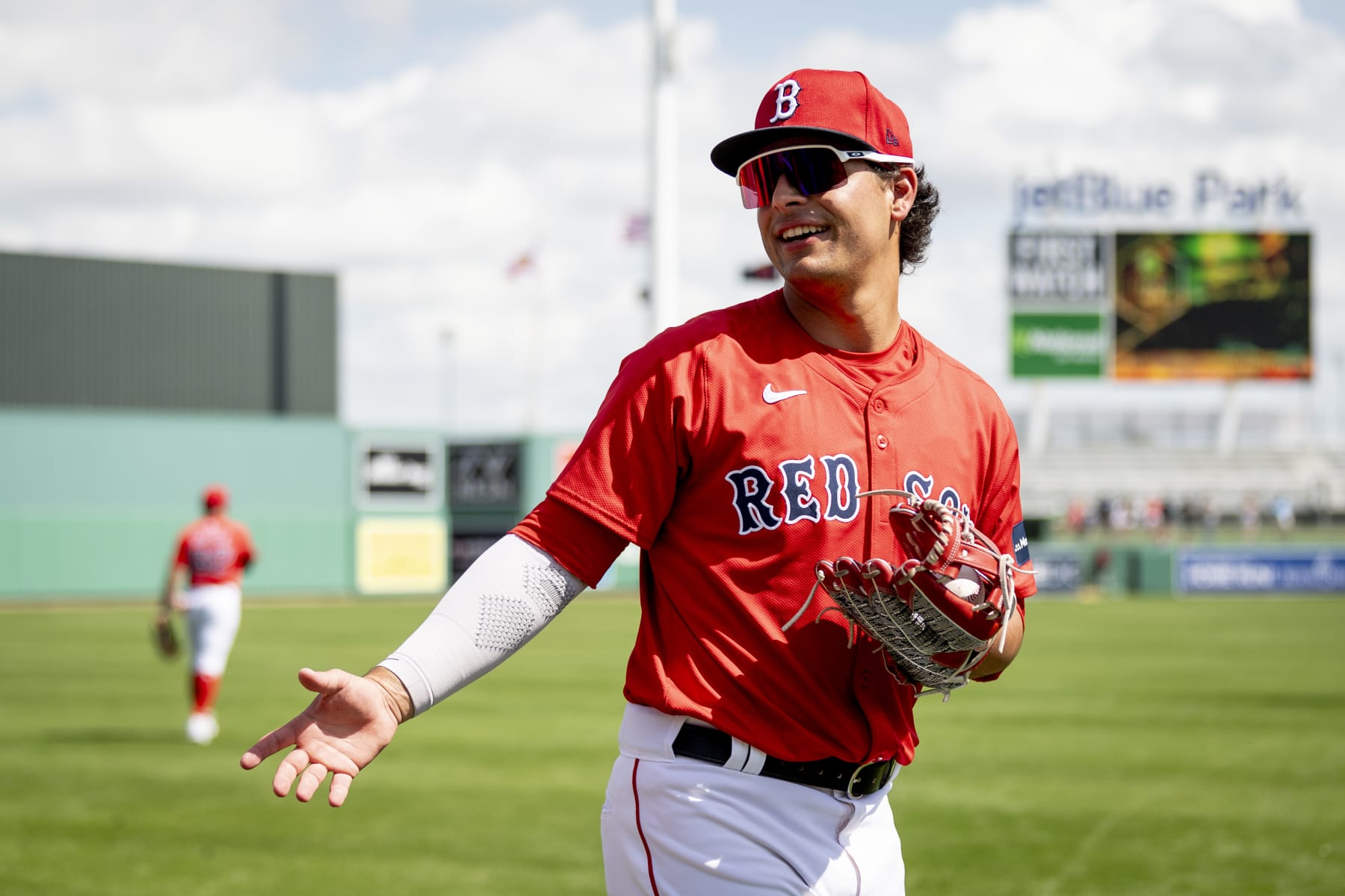 FORT MYERS, FLORIDA - FEBRUARY 23: Nick Yorke #38 of the Boston Red Sox reacts as he warms up before a game against the Northeastern Huskies at JetBlue Park at Fenway South on February 23, 2024 in Fort Myers, Florida. (Photo by Maddie Malhotra/Boston Red Sox/Getty Images)