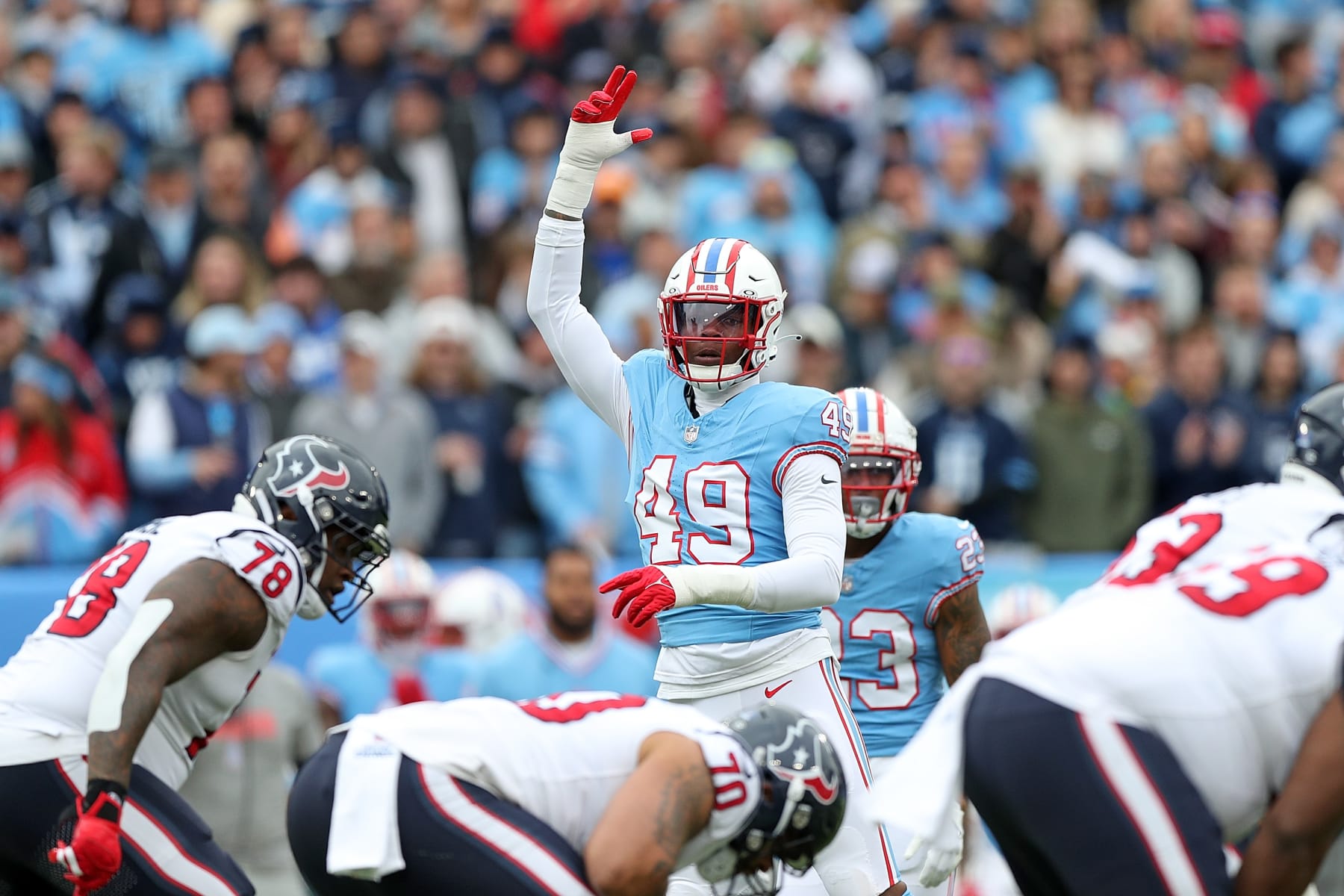 NASHVILLE, TENNESSEE - DECEMBER 17: Arden Key #49 of the Tennessee Titans during the game against the Houston Texans at Nissan Stadium on December 17, 2023 in Nashville, Tennessee. (Photo by Justin Ford/Getty Images)