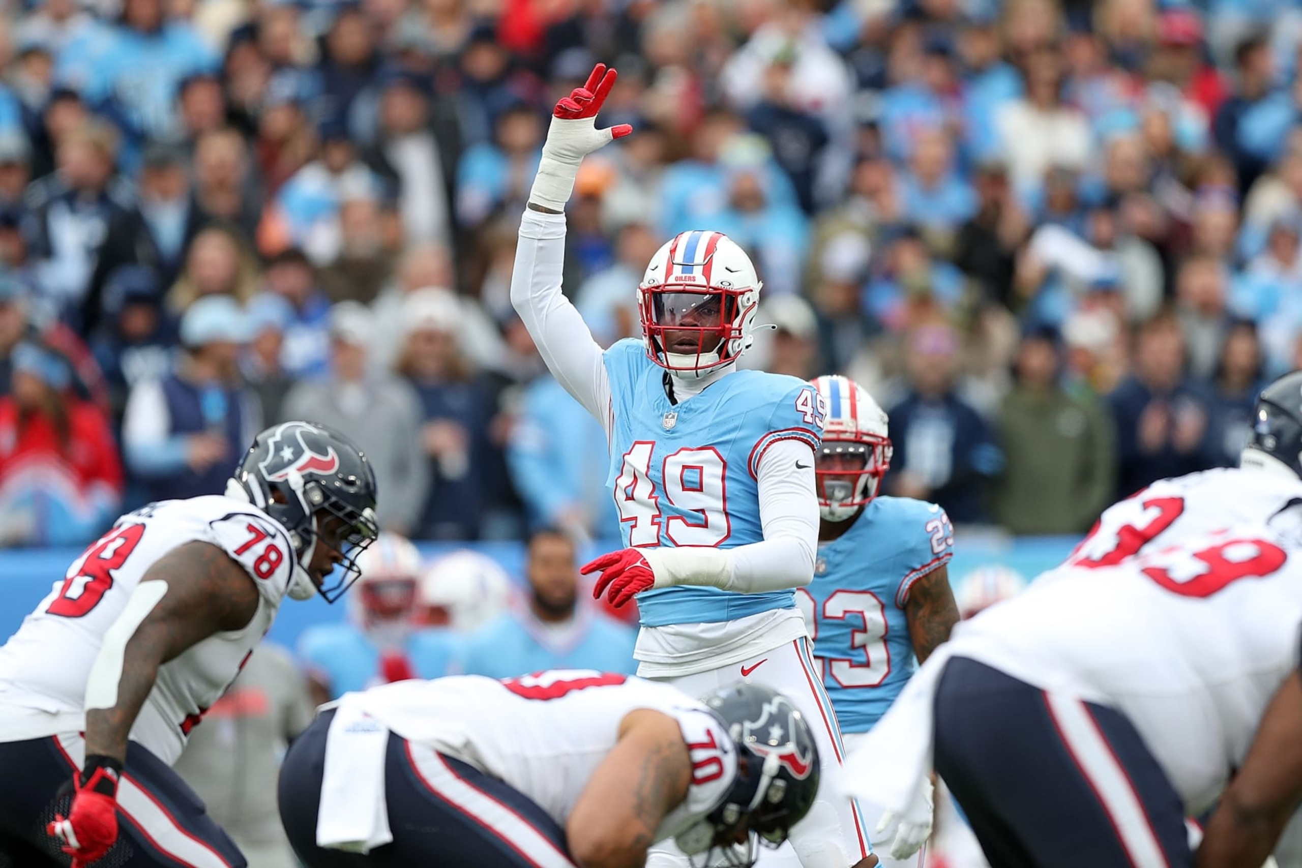 NASHVILLE, TENNESSEE - DECEMBER 17: Arden Key #49 of the Tennessee Titans during the game against the Houston Texans at Nissan Stadium on December 17, 2023 in Nashville, Tennessee. (Photo by Justin Ford/Getty Images)